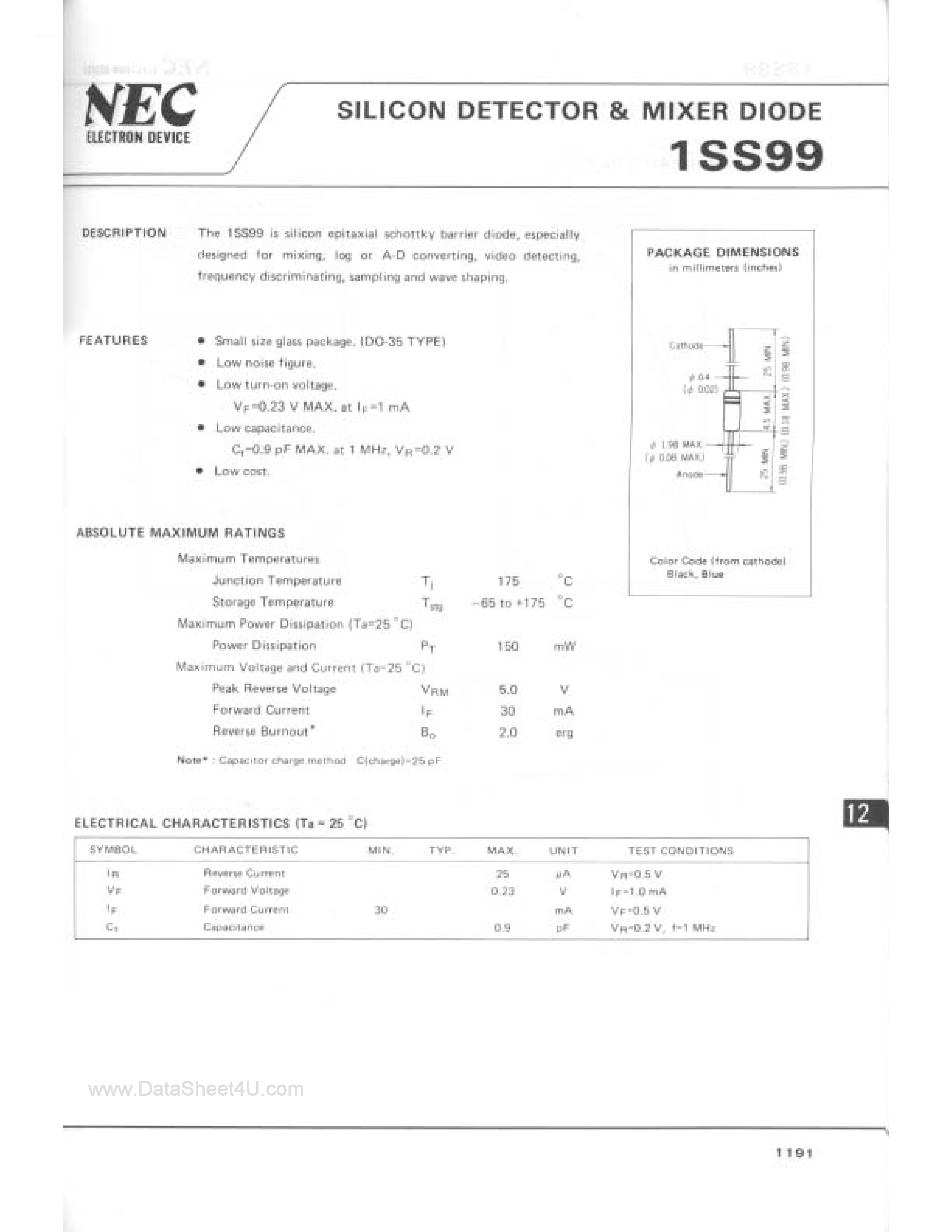 Datasheet 1SS99 - Silicon Detector and Mixer Diode page 1