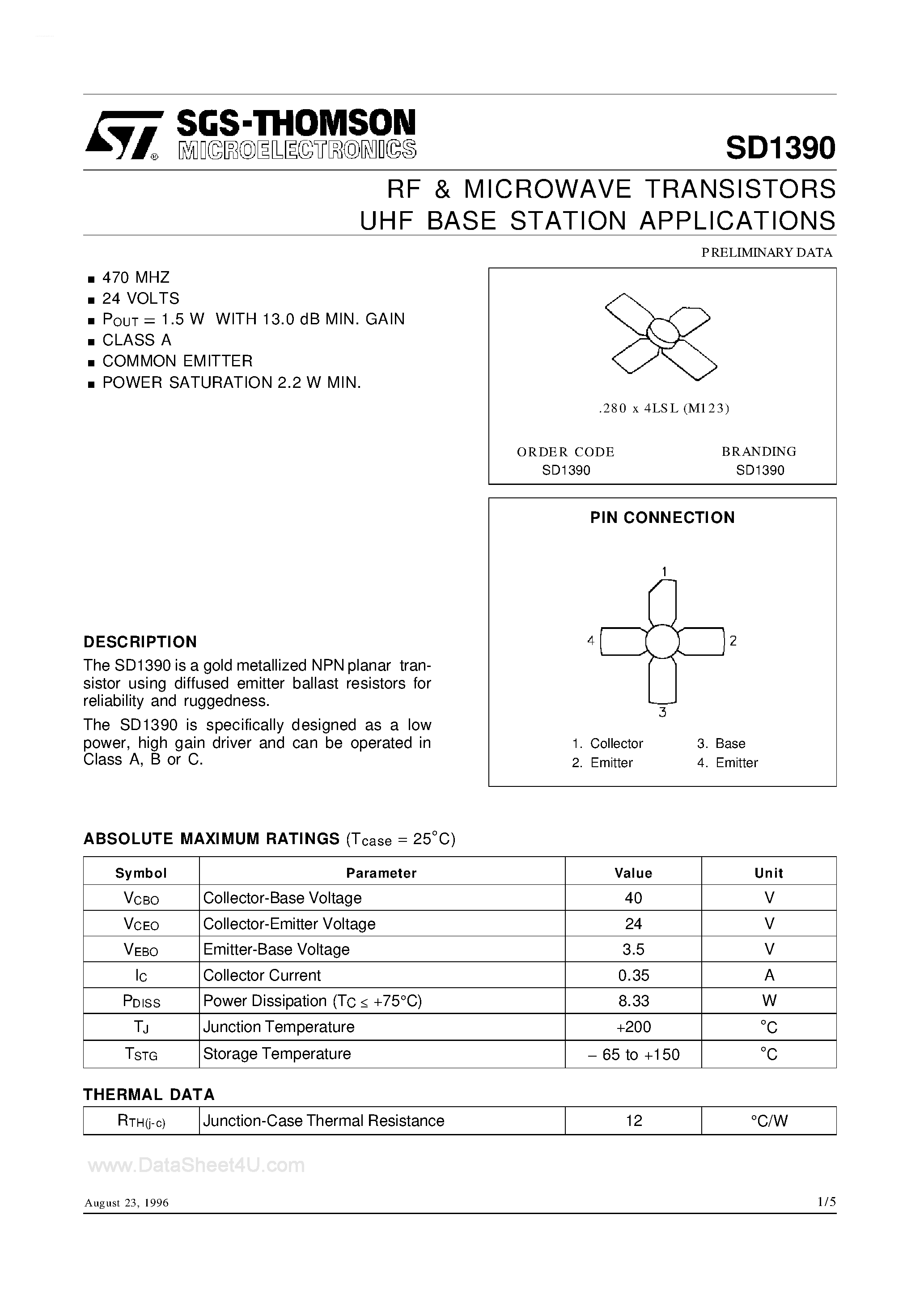 Datasheet SD1390 page 1 Datasheet SD1390 - RF & MICROWAVE TRANSISTORS UHF BASE STATION APPLICATIONS page 1