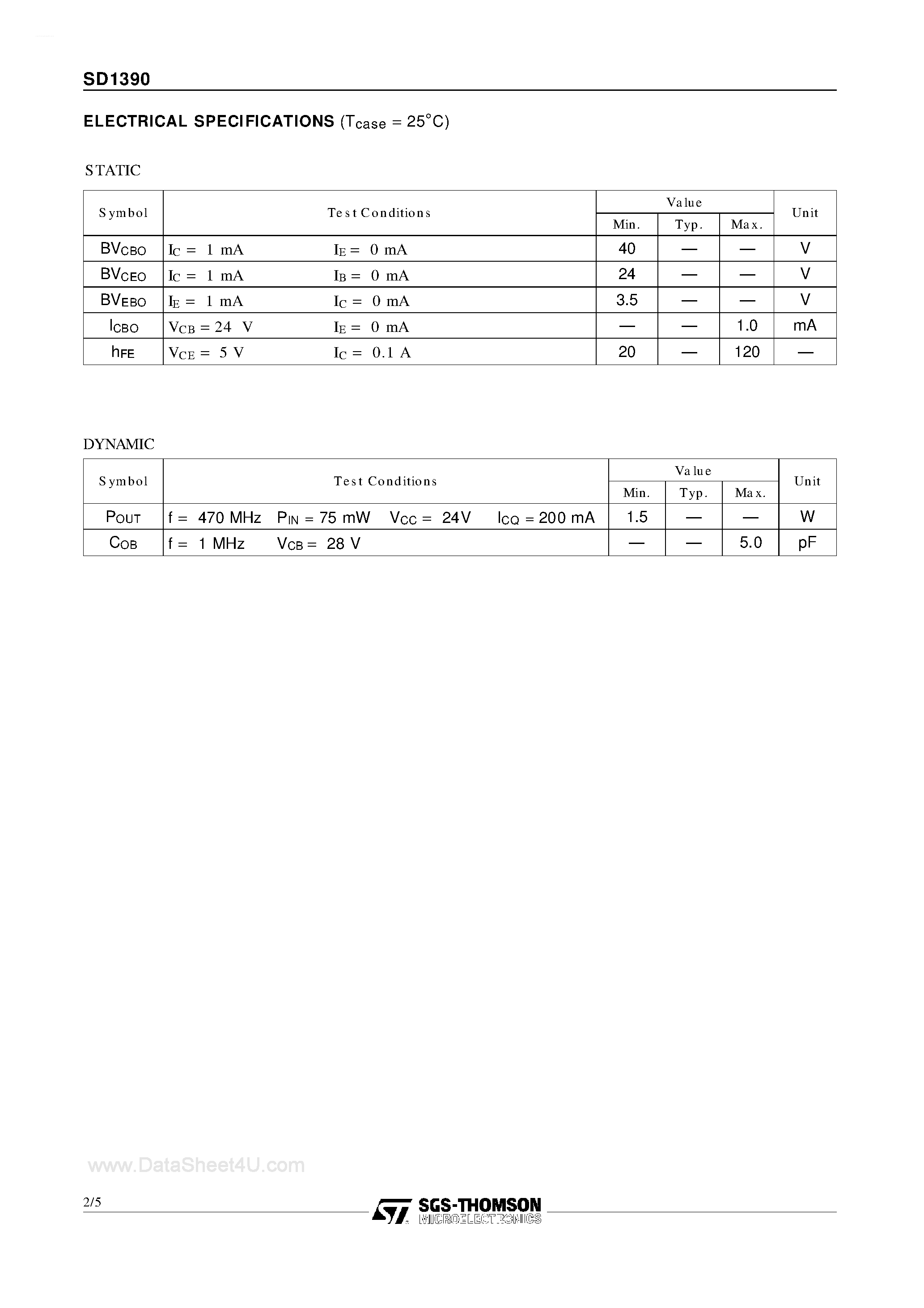 Datasheet SD1390 page 2 Datasheet SD1390 - RF & MICROWAVE TRANSISTORS UHF BASE STATION APPLICATIONS page 2