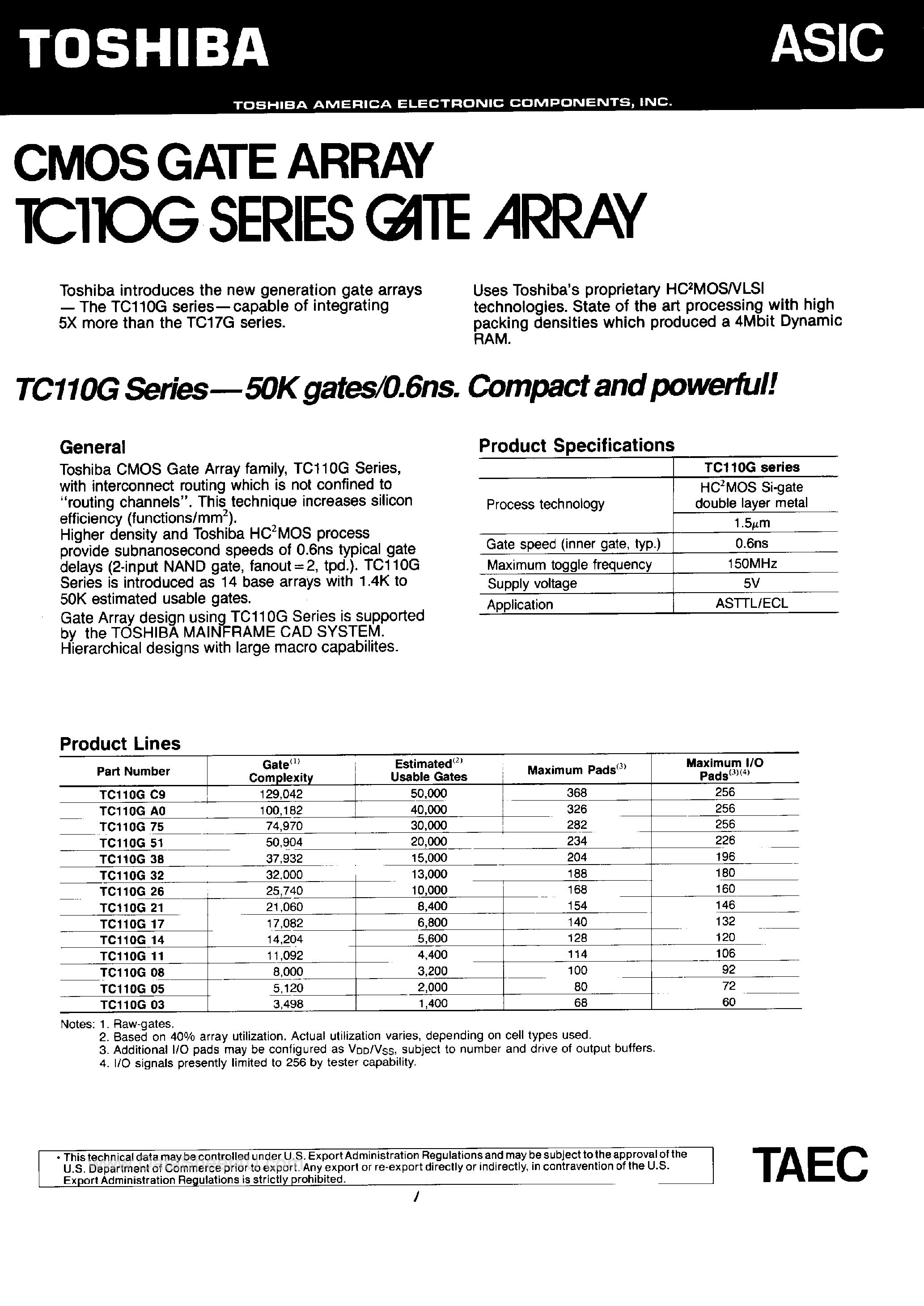 Datasheet TC110Gxx page 1 Datasheet TC110Gxx - CMOS Gate Array page 1