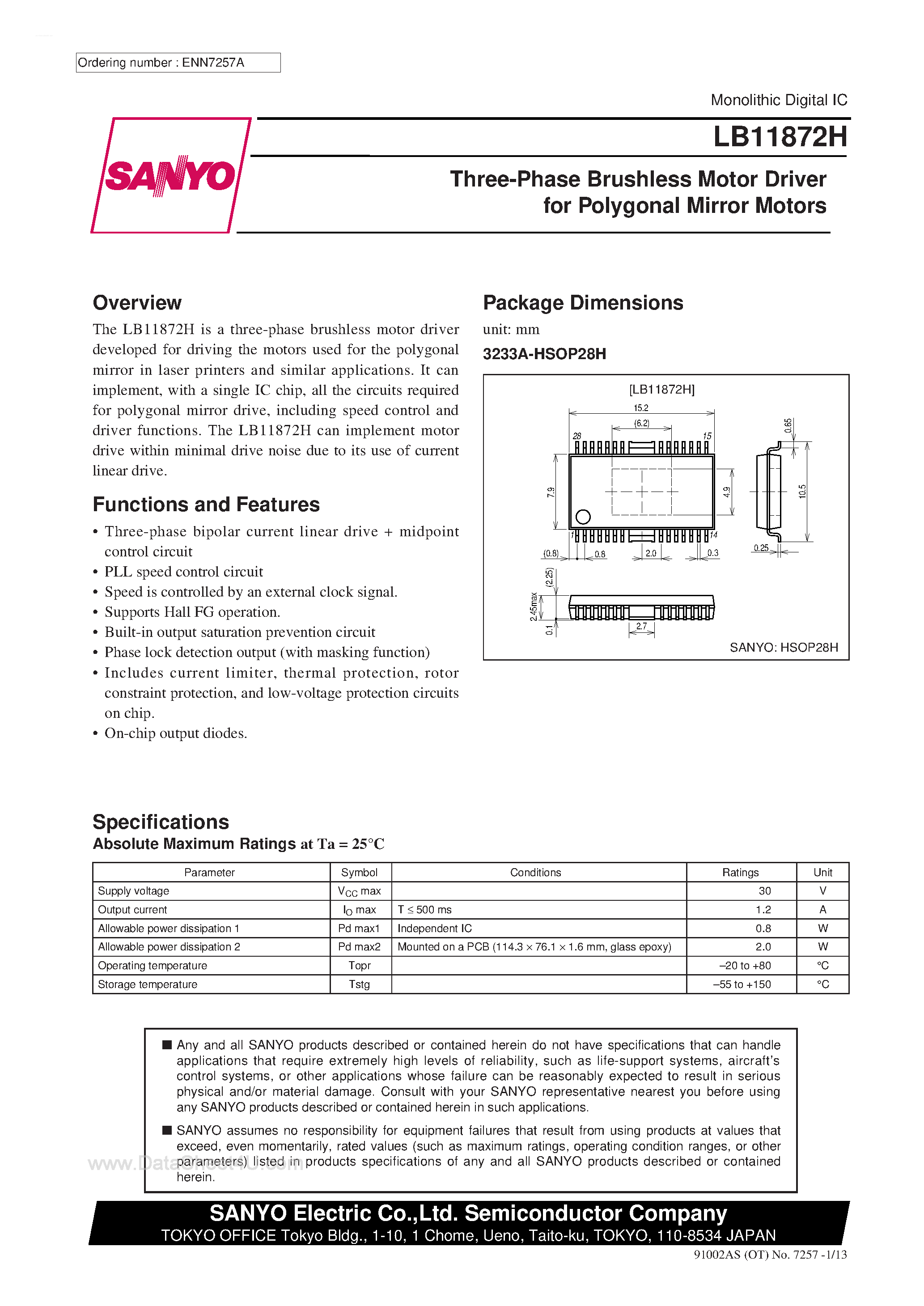 Datasheet LB11872H - 3-Phase Brushless Motor Driver page 1