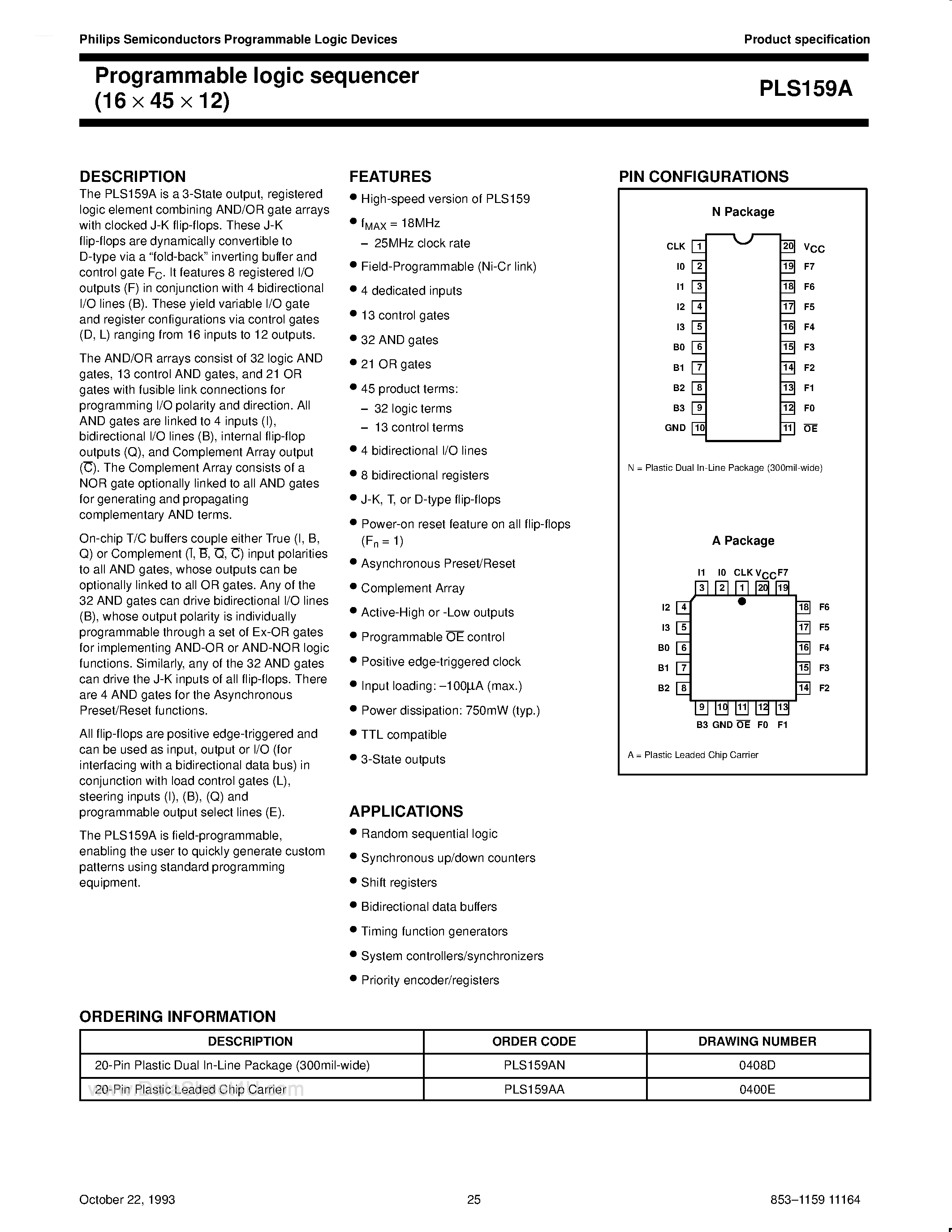 Datasheet PLS159A - Programmable logic sequencer 16 x 45 x 12 page 1
