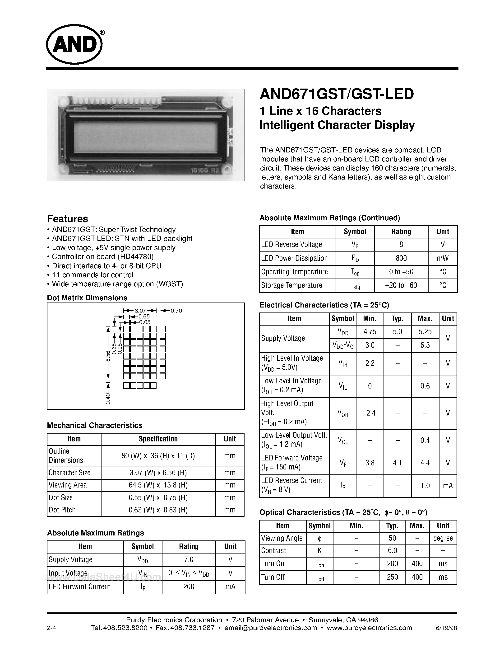 Даташит на микросхему AND671GST страница 1 Даташит AND671GST - 16 Characters x 1-Line Intelligent Alphanumeric Displays страница 1