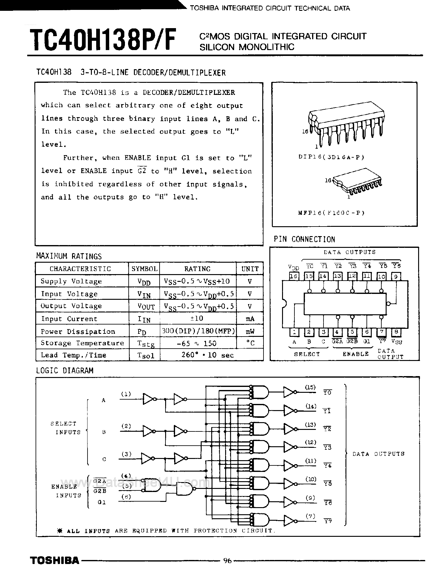 Datasheet TC40H138F page 1 Datasheet TC40H138F - (TC40H138P/F) 3-to-8 Line Decoder / Demultiplexer page 1