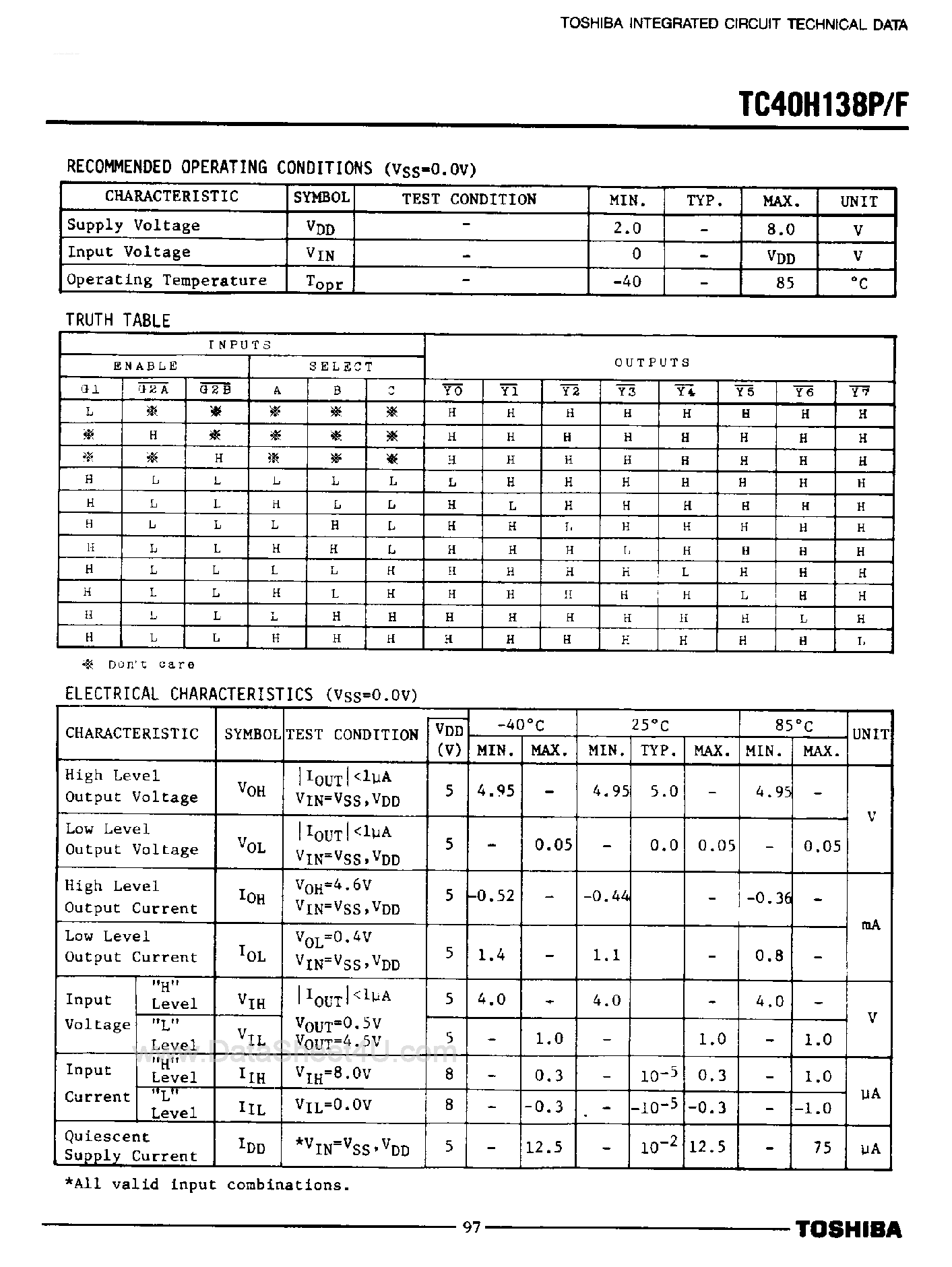 Datasheet TC40H138F page 2 Datasheet TC40H138F - (TC40H138P/F) 3-to-8 Line Decoder / Demultiplexer page 2