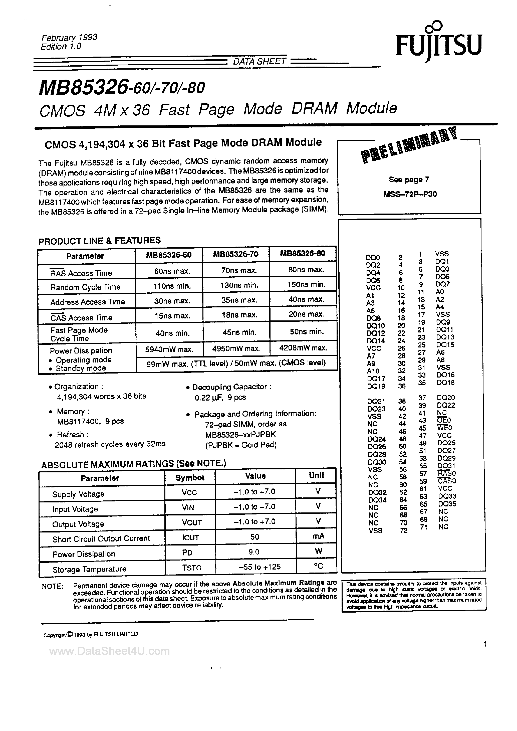 Datasheet MB85326 - CMOS 4M x 36 Fast Page Mode DRAM Module page 1
