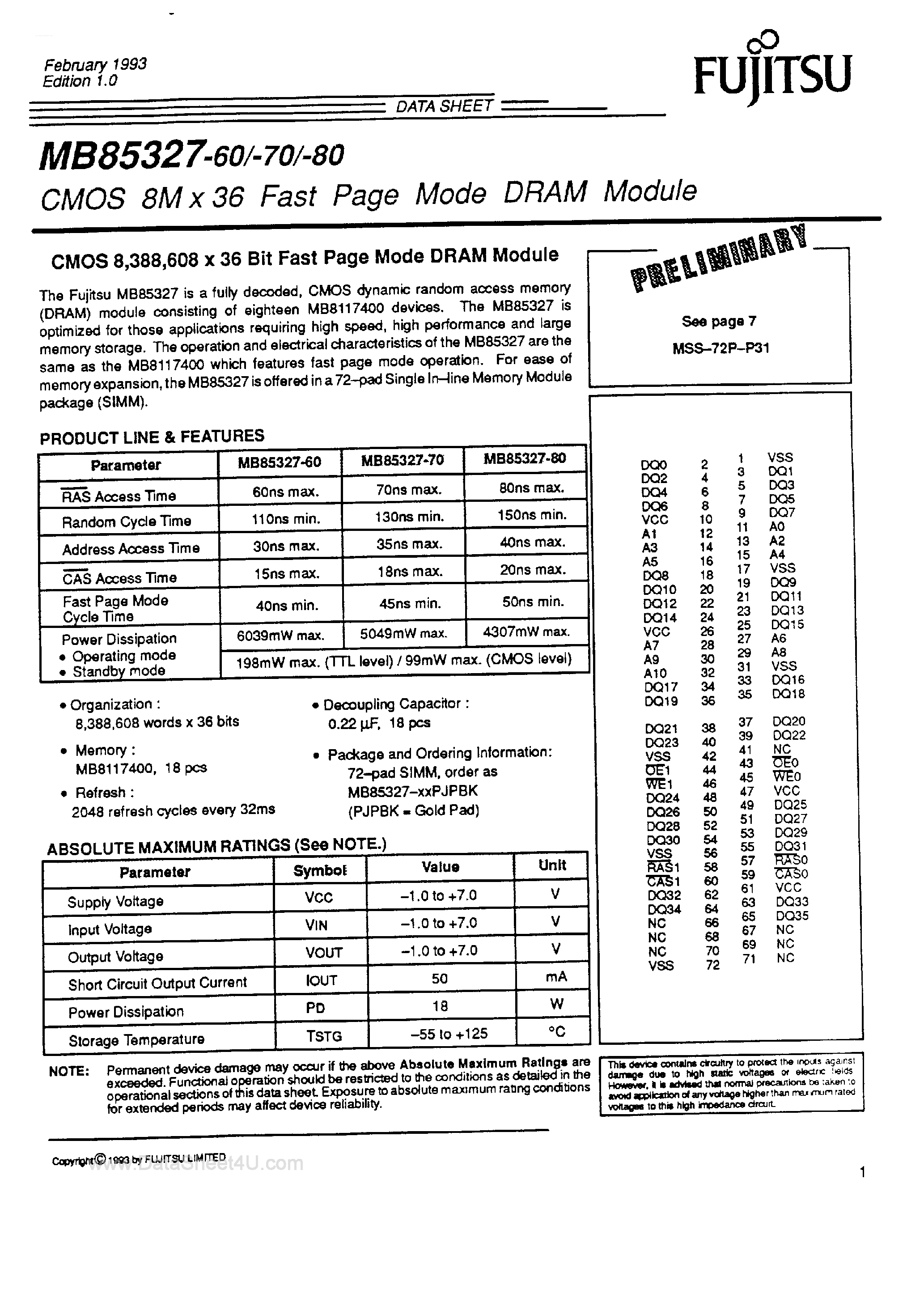 Datasheet MB85327 - CMOS 8M x 36 Fast Page Mode DRAM Module page 1