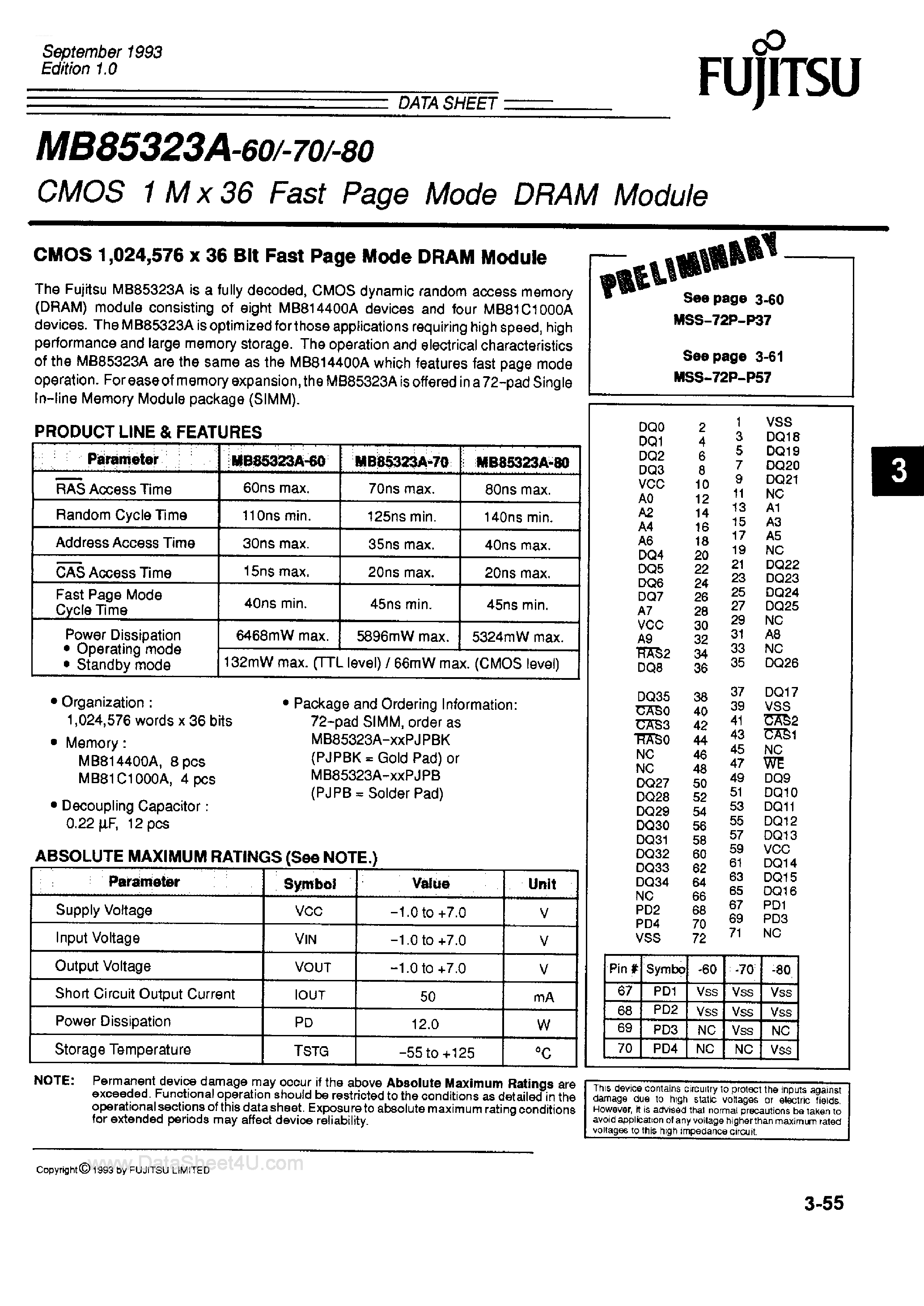 Datasheet MB85323A - CMOS 1M x 36 Fast Page Mode DRAM Module page 1