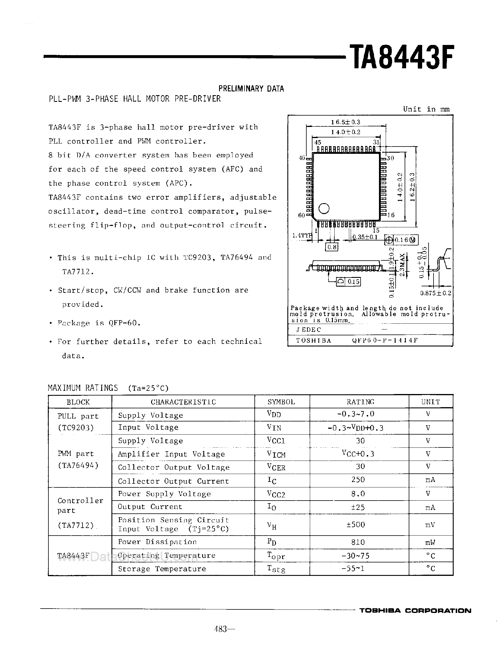 Datasheet TA8443F - PLL PWM 3-Phase Hall Motor Pre-Driver page 1