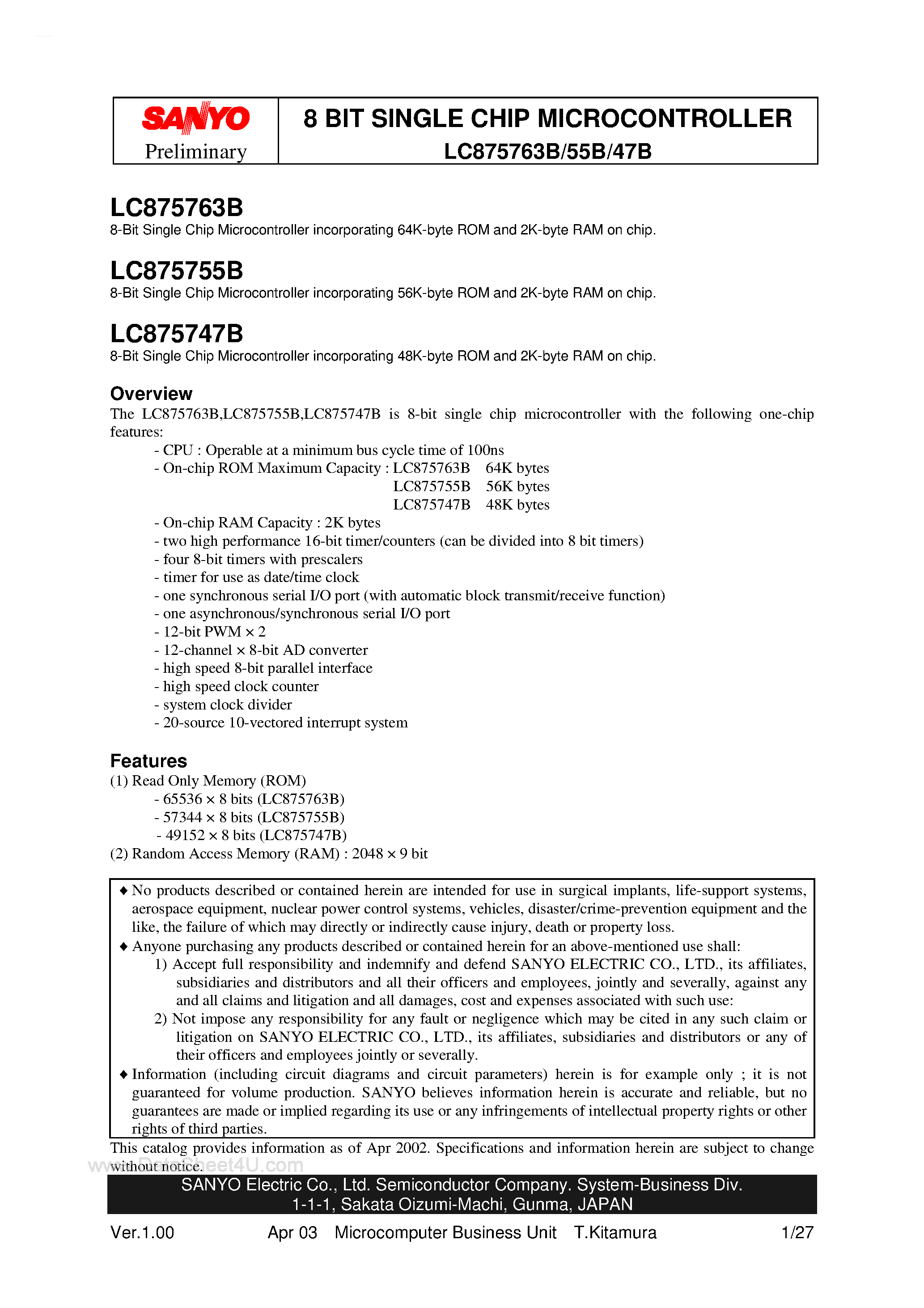 Datasheet LC875747B - (LC875755B / LC875763B / LC875747B) 8-Bit Singlr Chip Microcontroller page 1