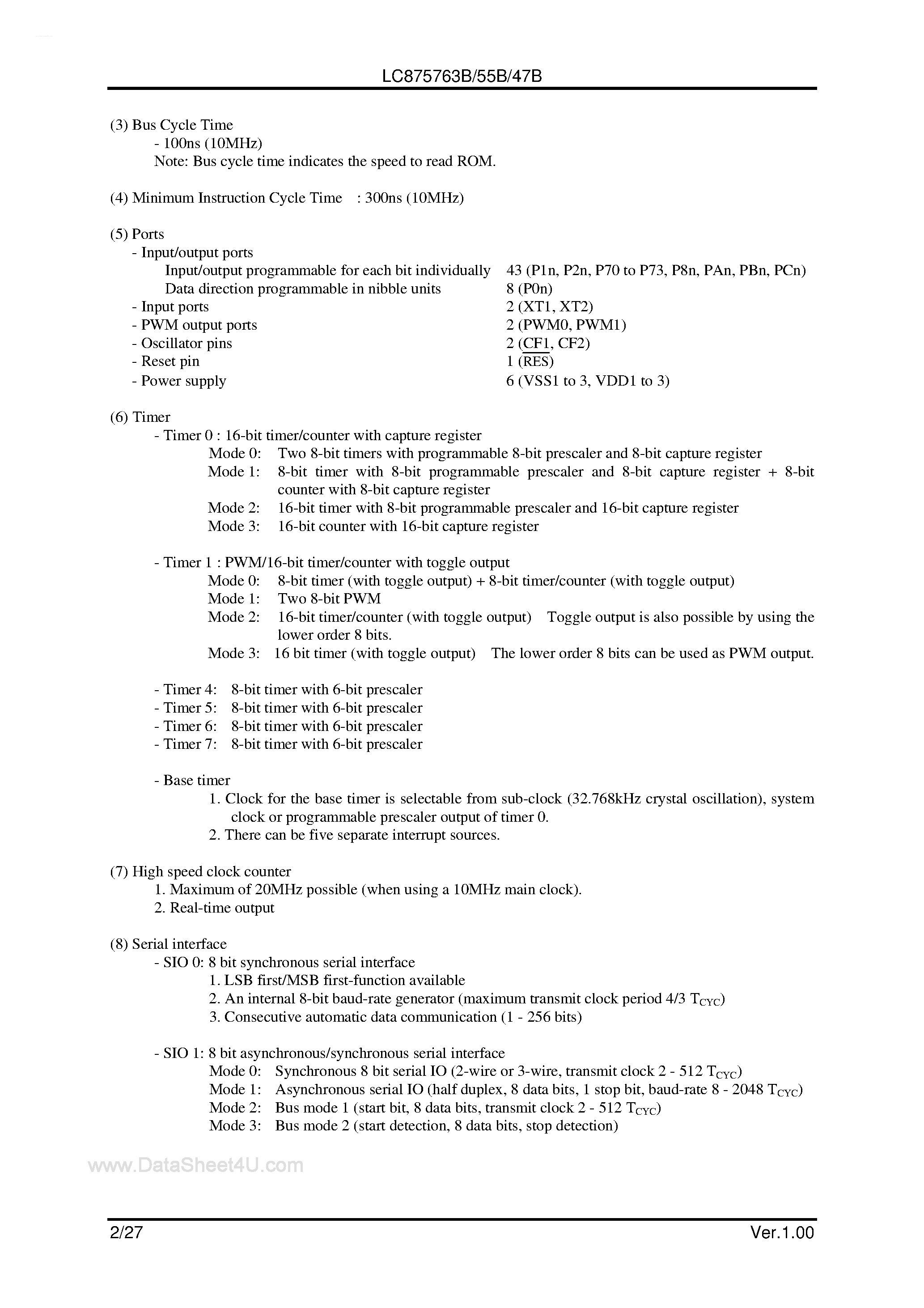 Datasheet LC875747B - (LC875755B / LC875763B / LC875747B) 8-Bit Singlr Chip Microcontroller page 2