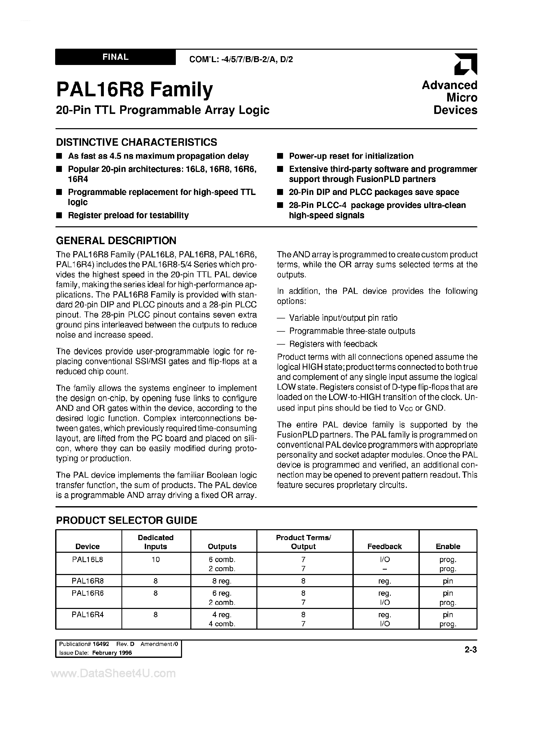 Datasheet PAL16L8B - 20-Pin TTL Programmable Array Logic page 1