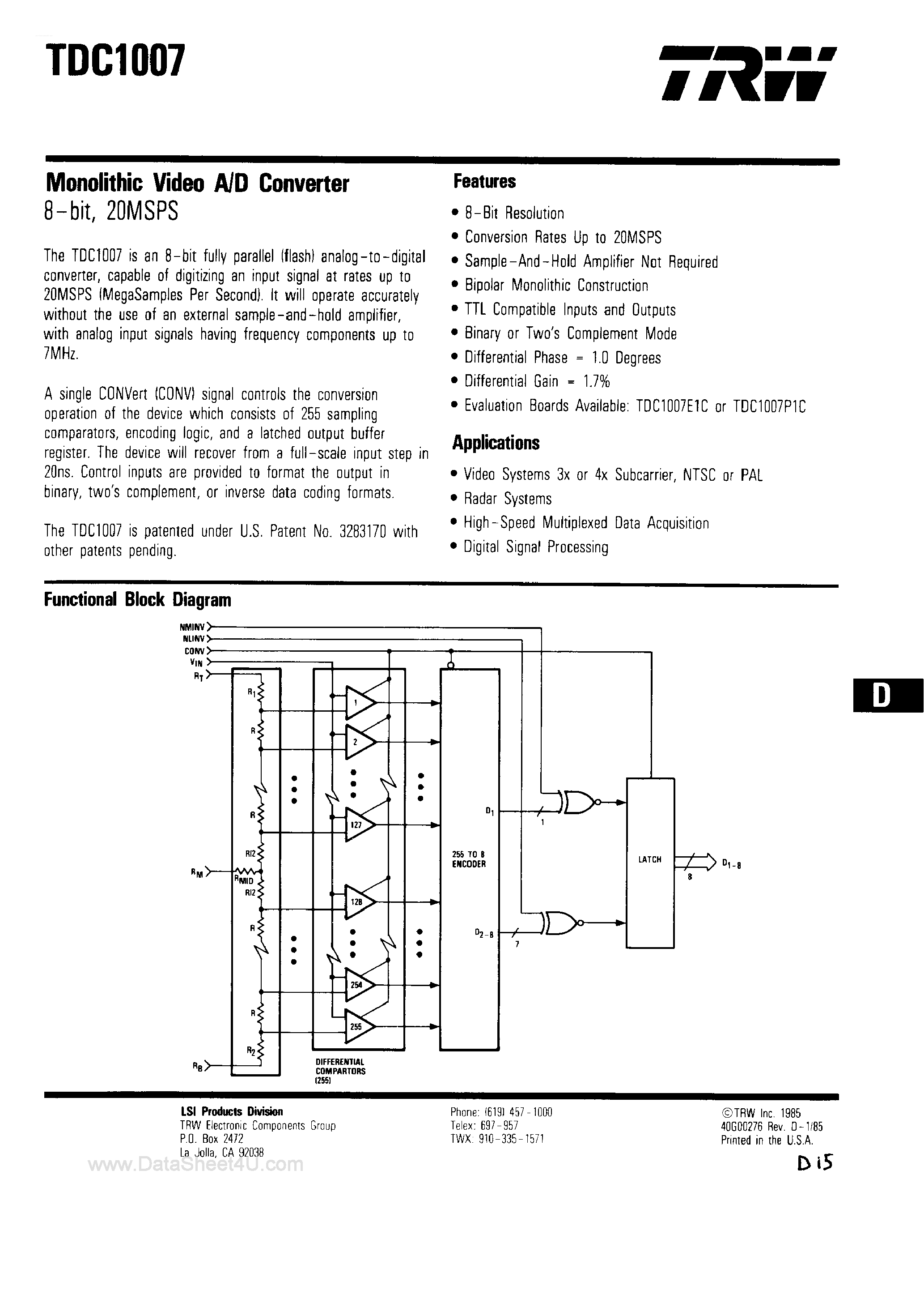 Datasheet TDC1007 - Monolithic Video A/D Converter page 1