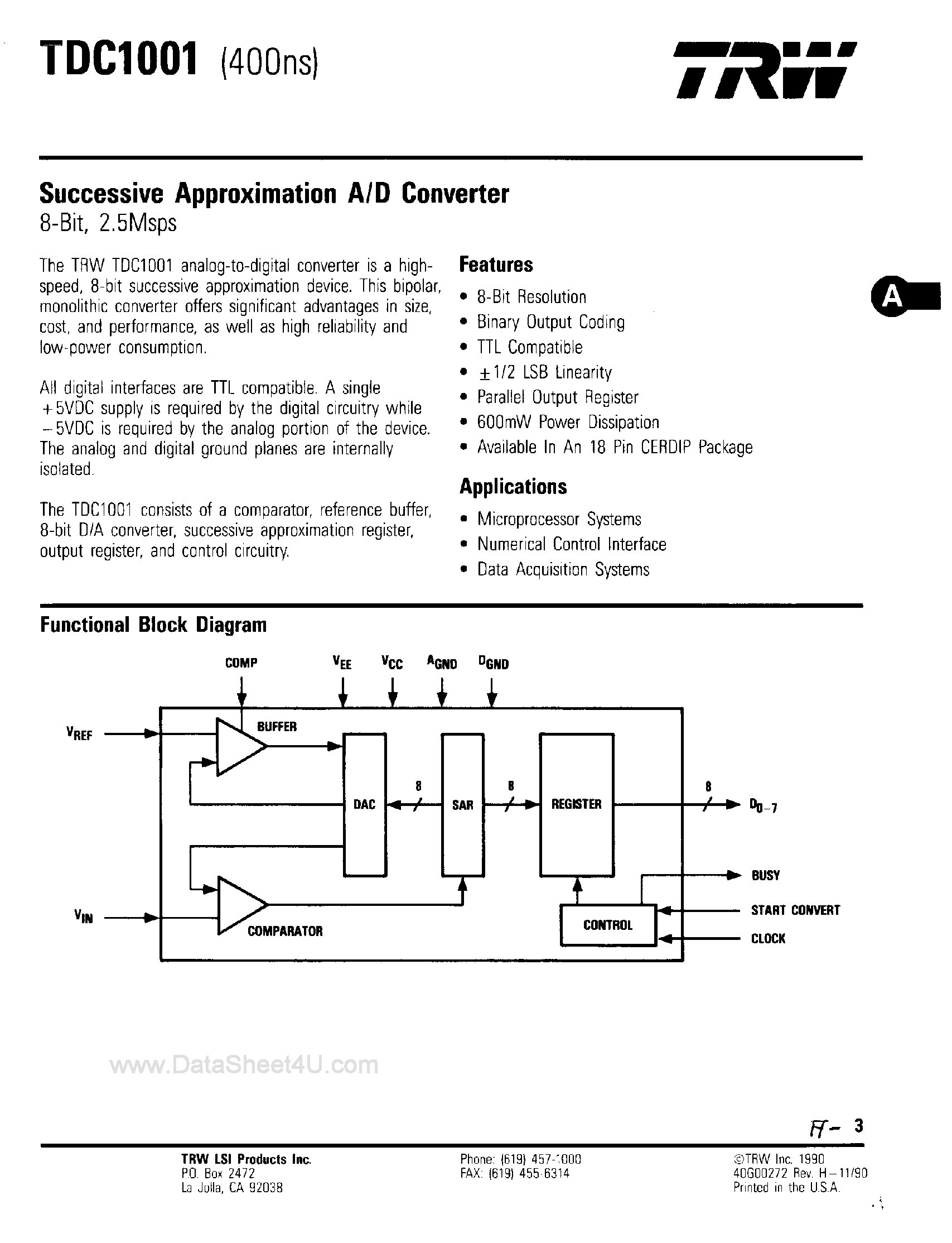 Datasheet TDC1001 - Successive Approximation A/D Converter page 1