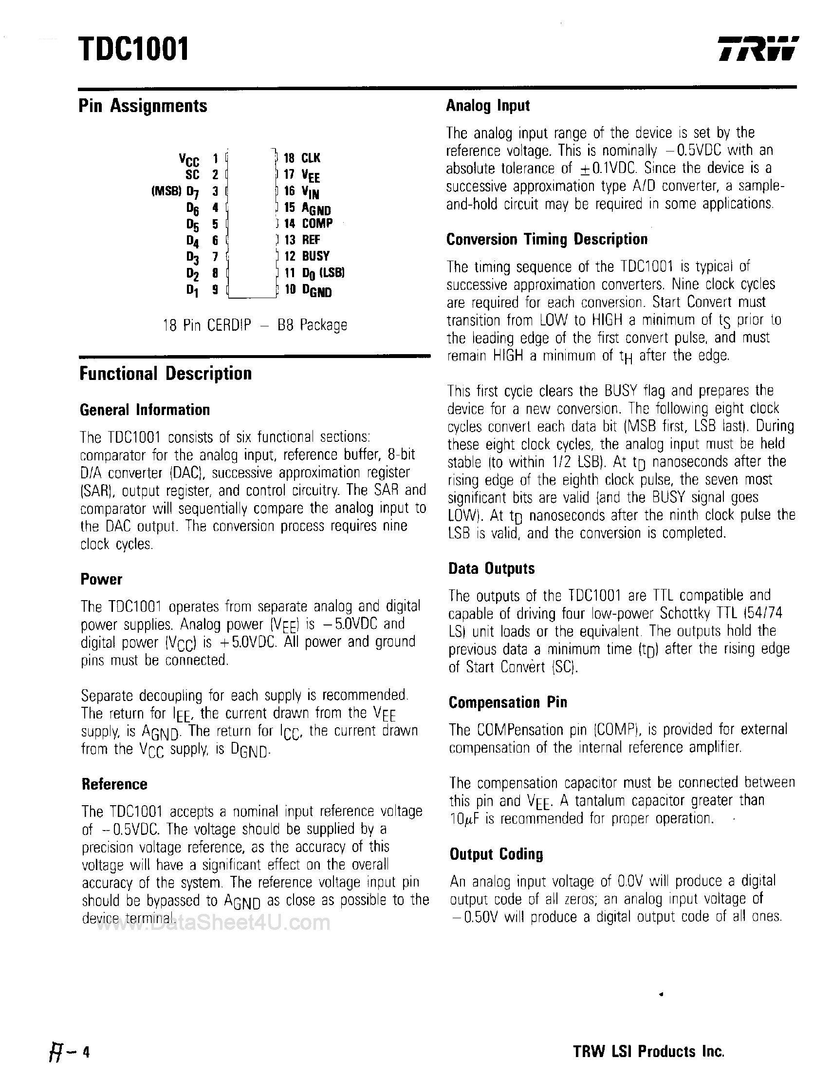 Datasheet TDC1001 - Successive Approximation A/D Converter page 2