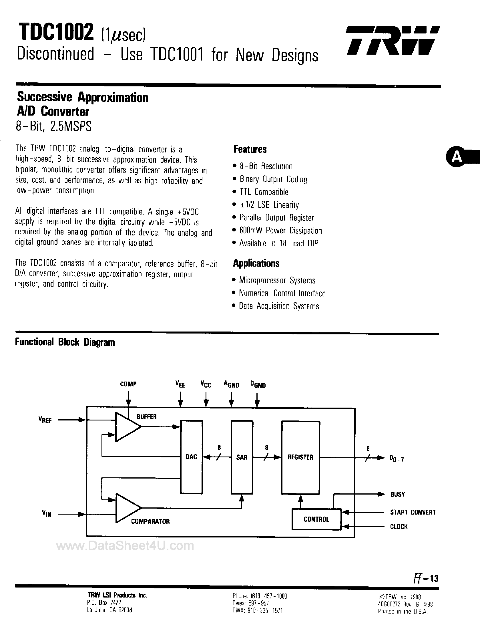 Datasheet TDC1002 - Successive Approximation A/D Converter page 1