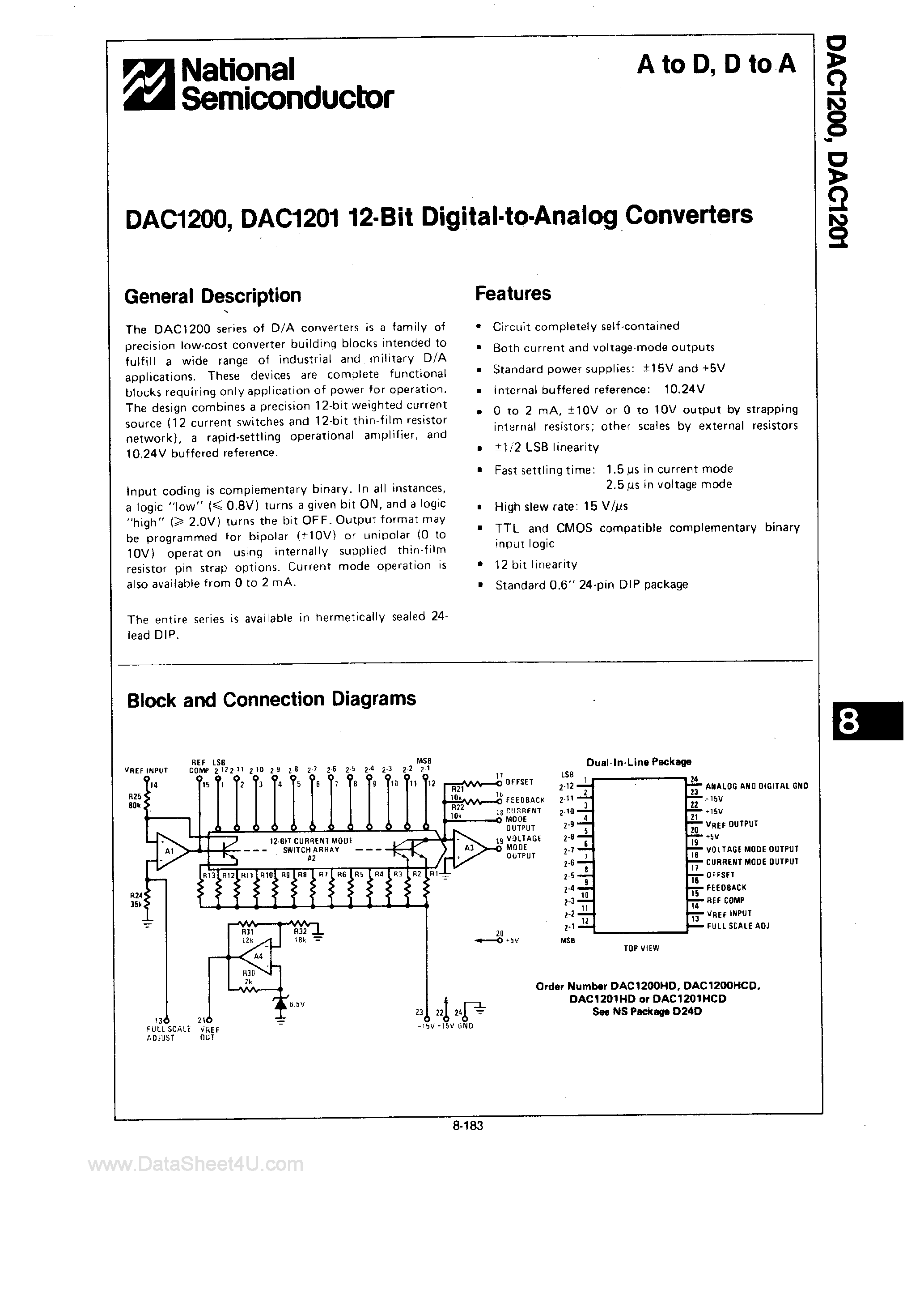 Datasheet DAC1200 - (DAC1200 / DAC1201) 12-Bit Digital to Analog Converters page 1