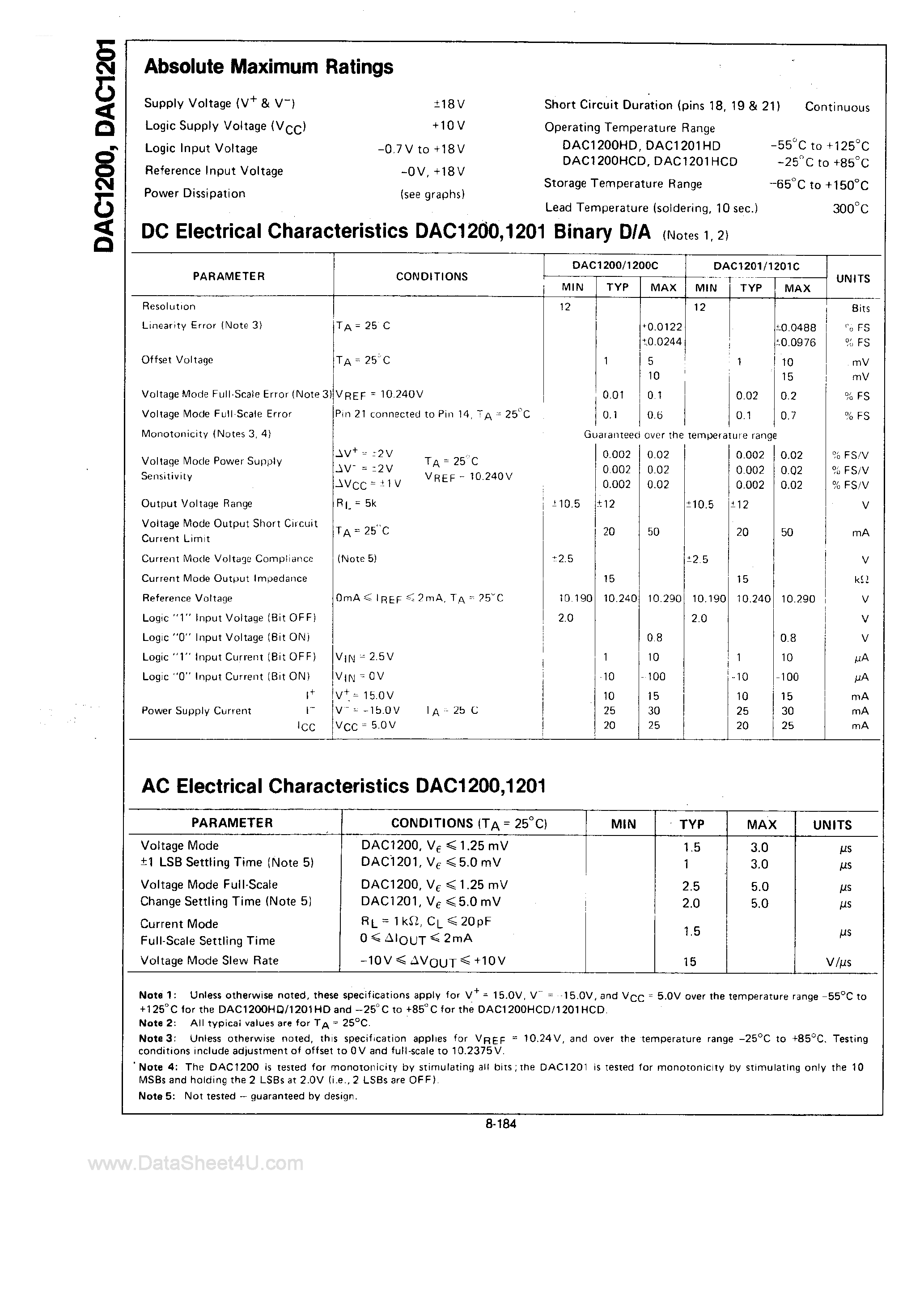 Datasheet DAC1200 - (DAC1200 / DAC1201) 12-Bit Digital to Analog Converters page 2