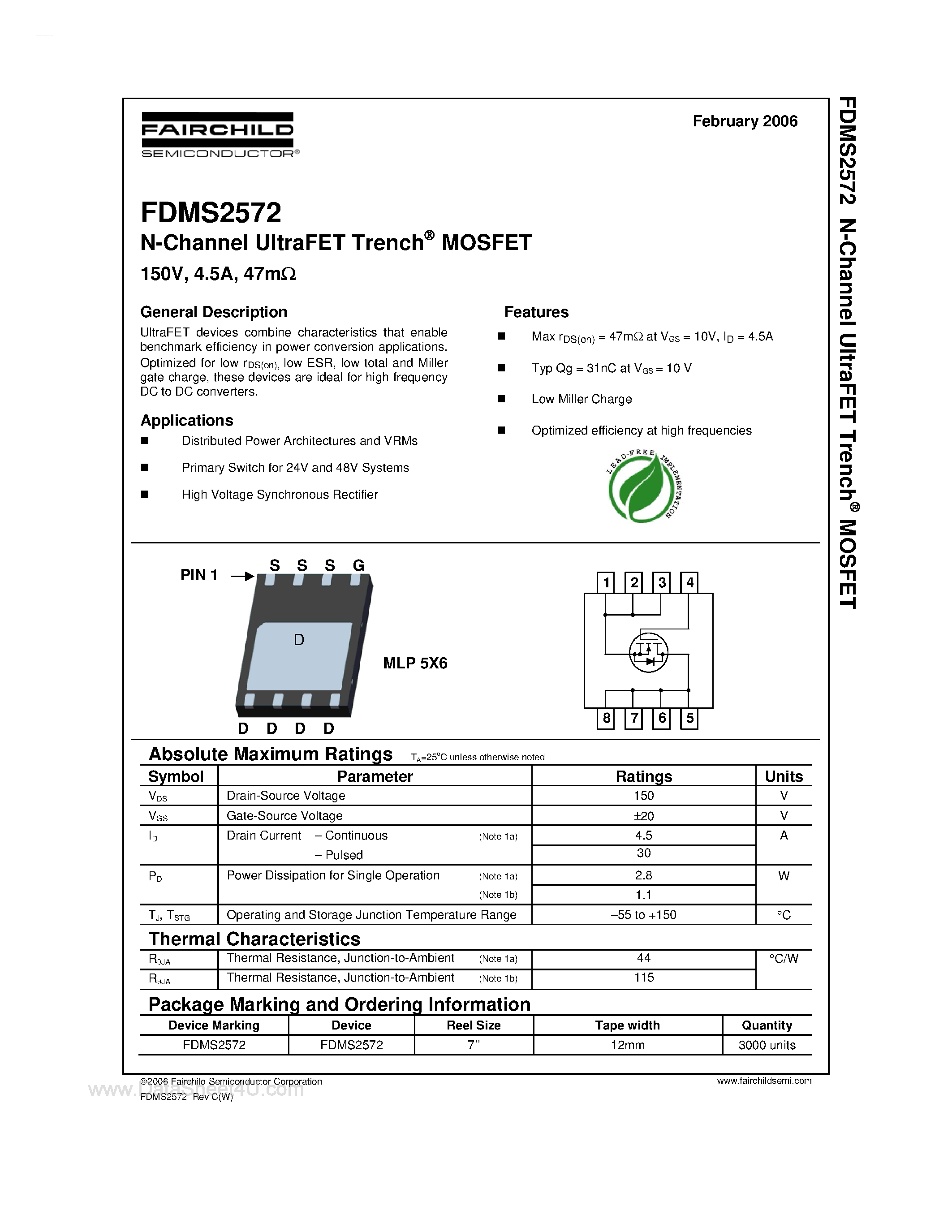 Datasheet FDMS2572 - N-Channel UltraFET Trench MOSFET page 1