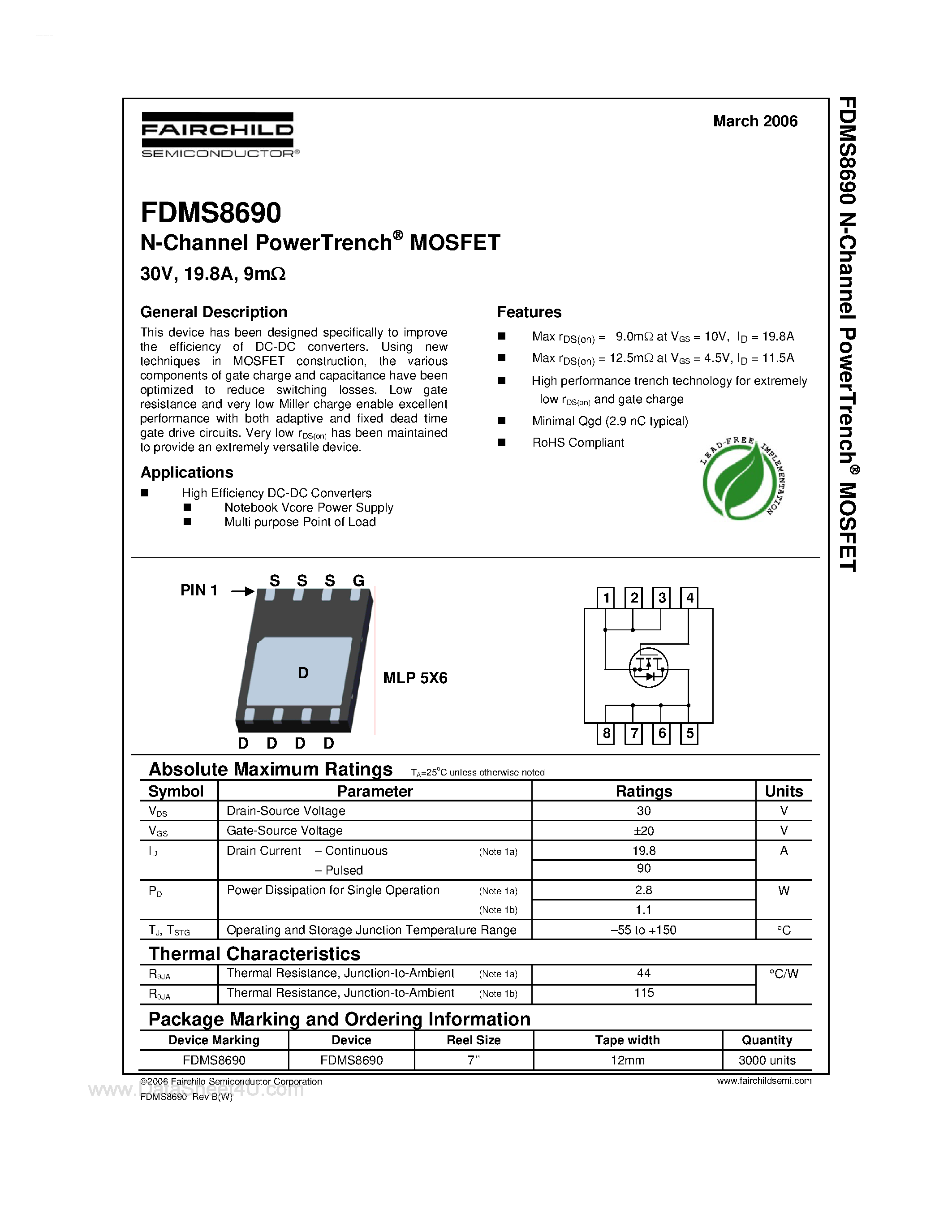 Datasheet FDMS8690 - N-Channel PowerTrench MOSFET page 1