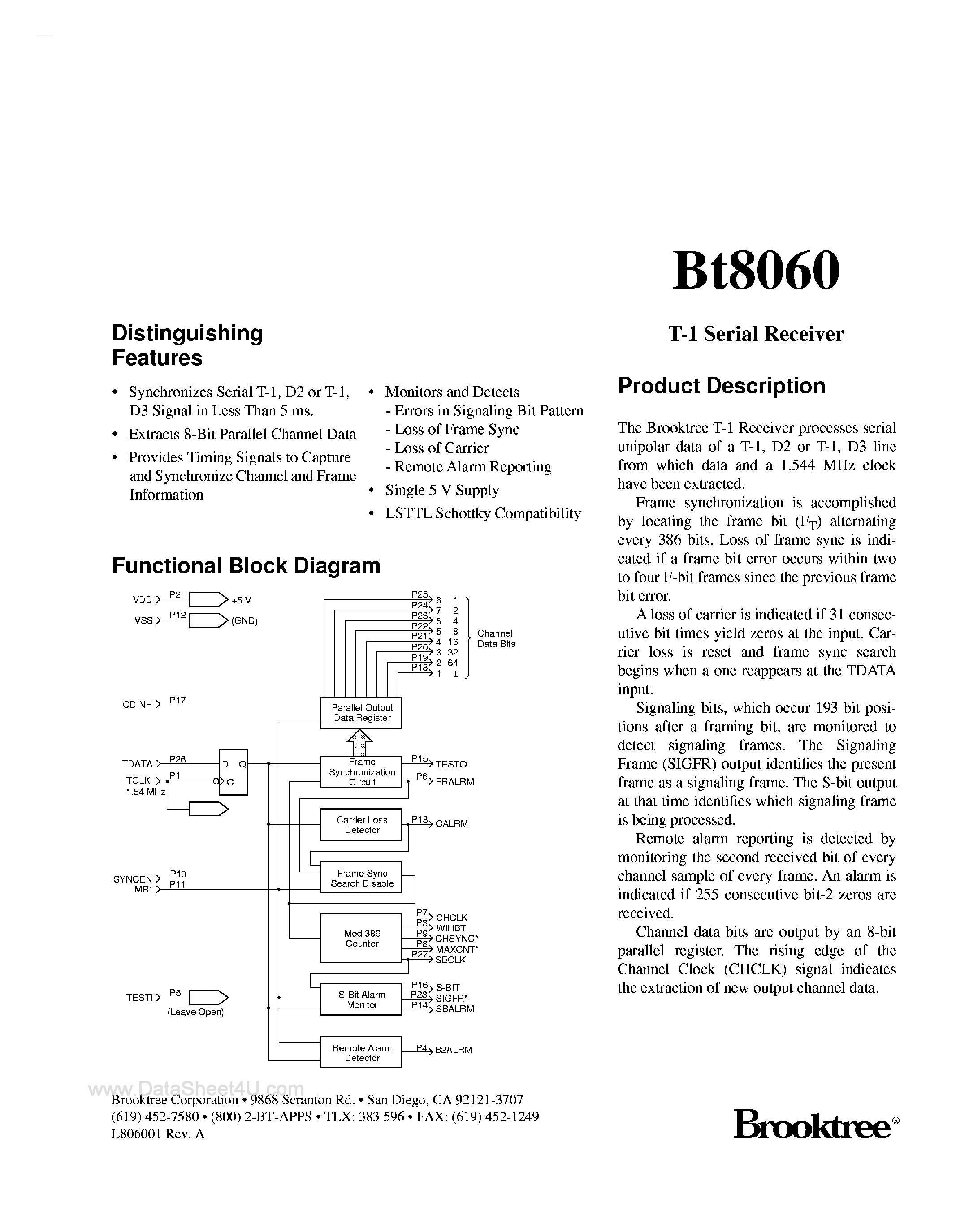 Datasheet BT8060 - T-1 Series Receiver page 1