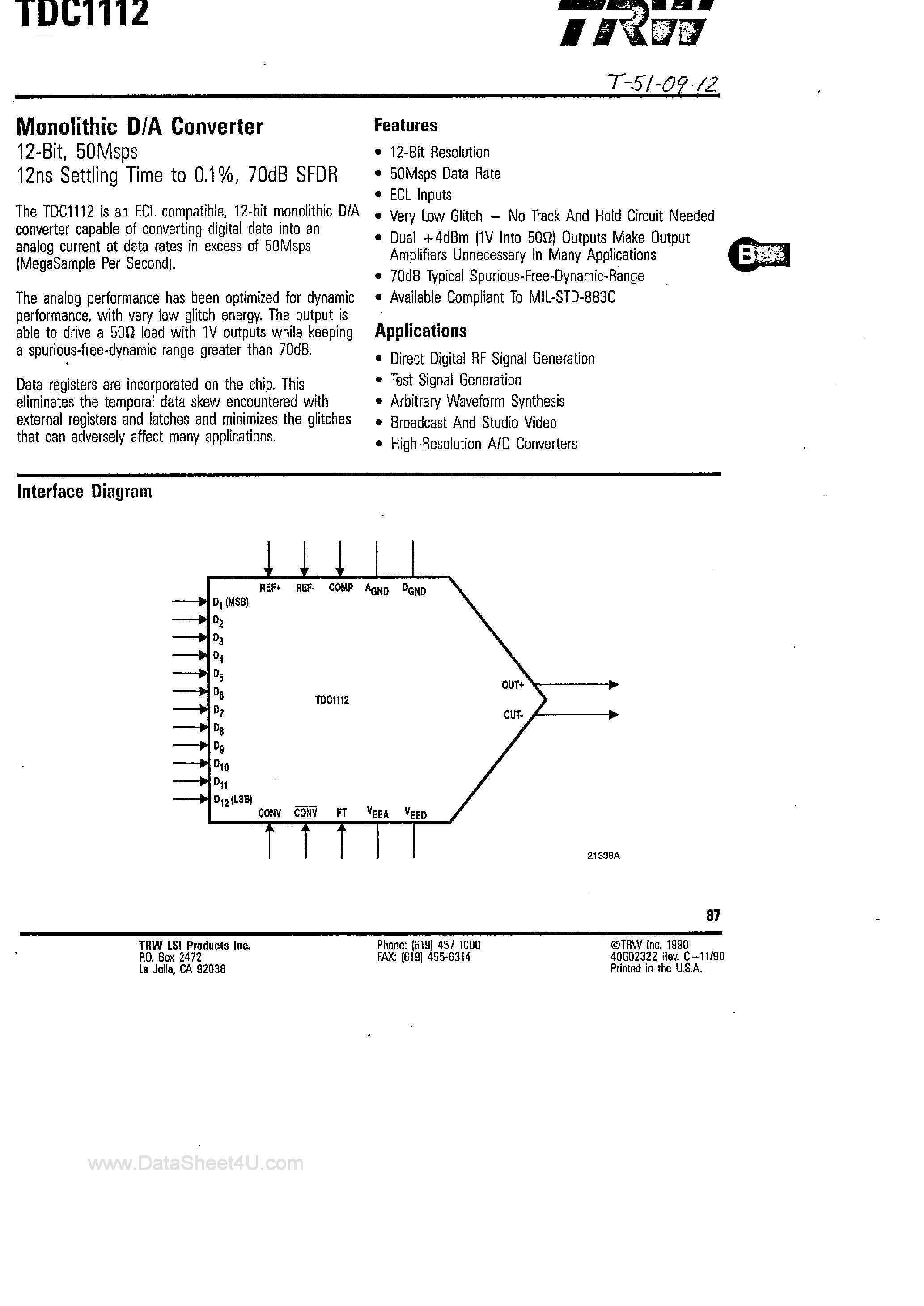 Datasheet TDC1112 - Monolithic D/A Converter page 1