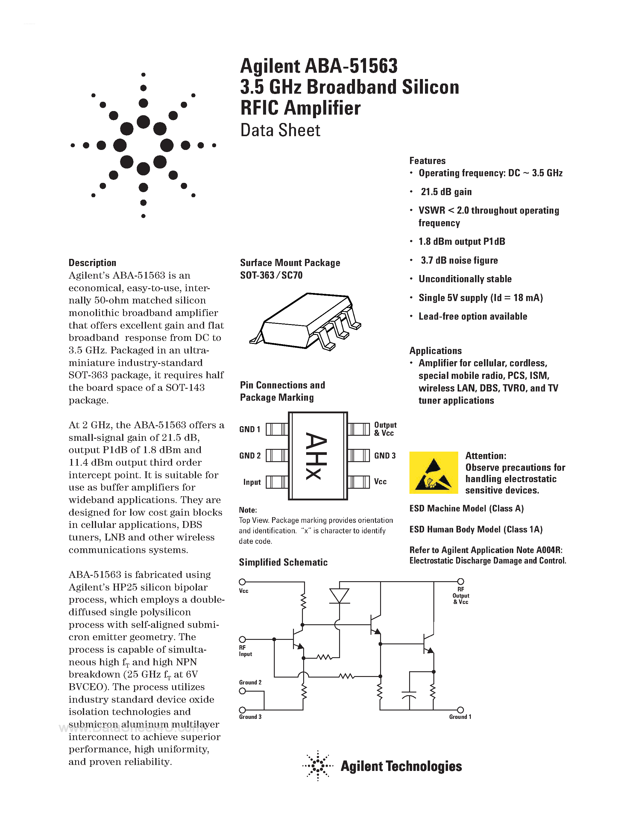 Даташит ABA51563 - 3.5 GHz Broadband Silicon RFIC Amplifier страница 1