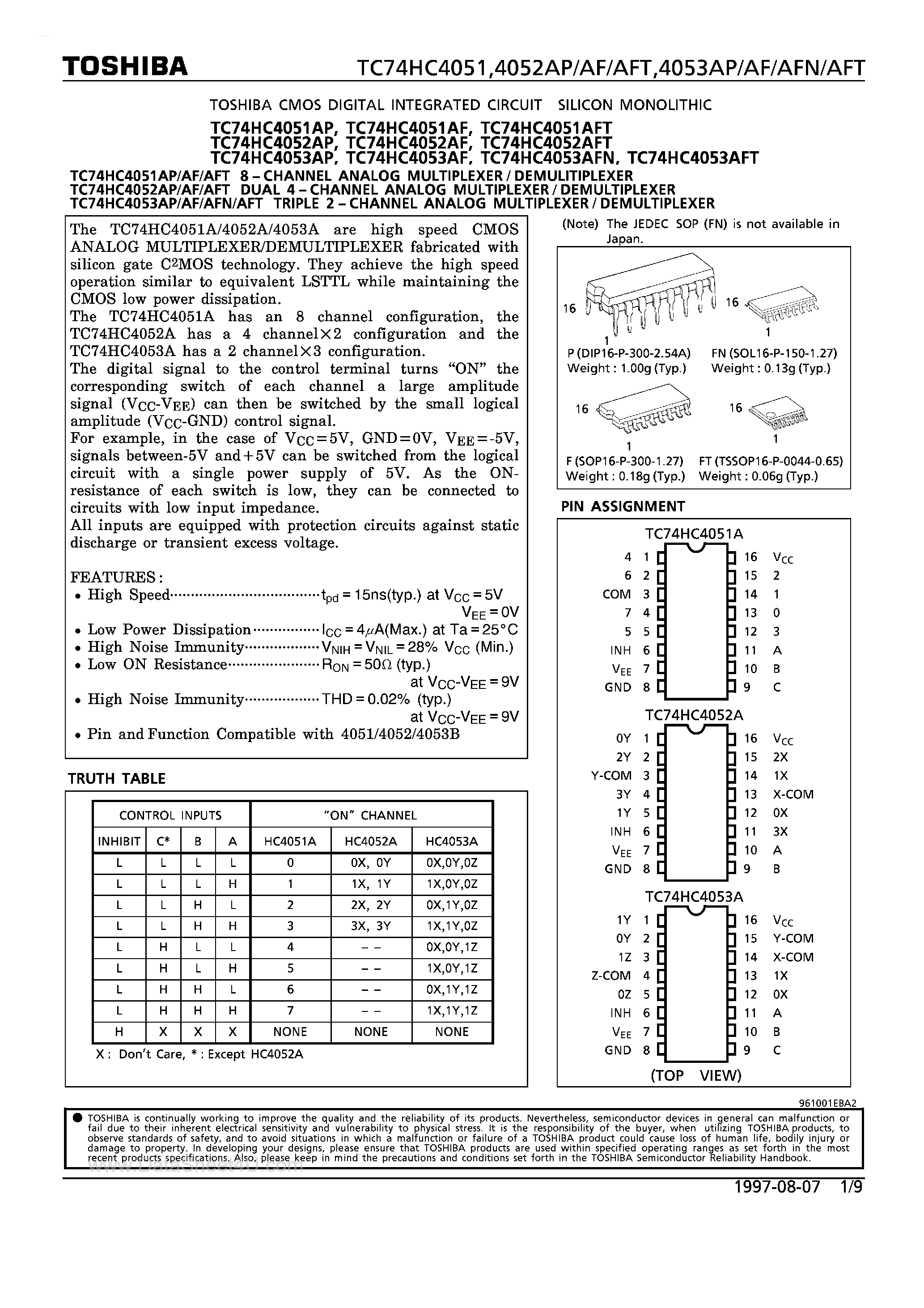 Даташит TC74HC4051 - (TC74HC4051 - TC74HC4053) 8-CHANNEL ANALOG MULTIPLEXER/DEMULITIPLEXER страница 1