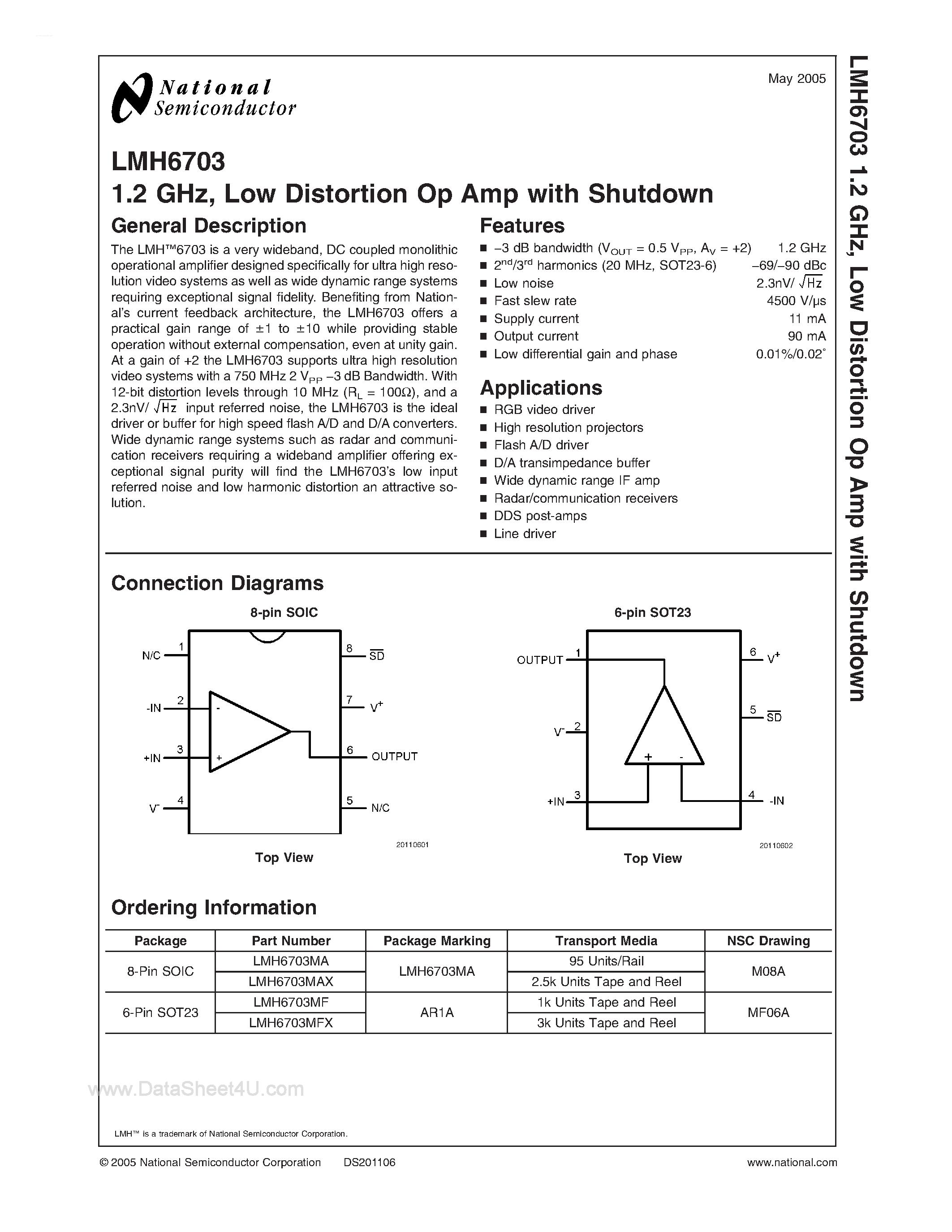 Даташит на микросхему LMH6703 страница 1 Даташит LMH6703 - 1.2Ghz Low Distortion Op Amp страница 1