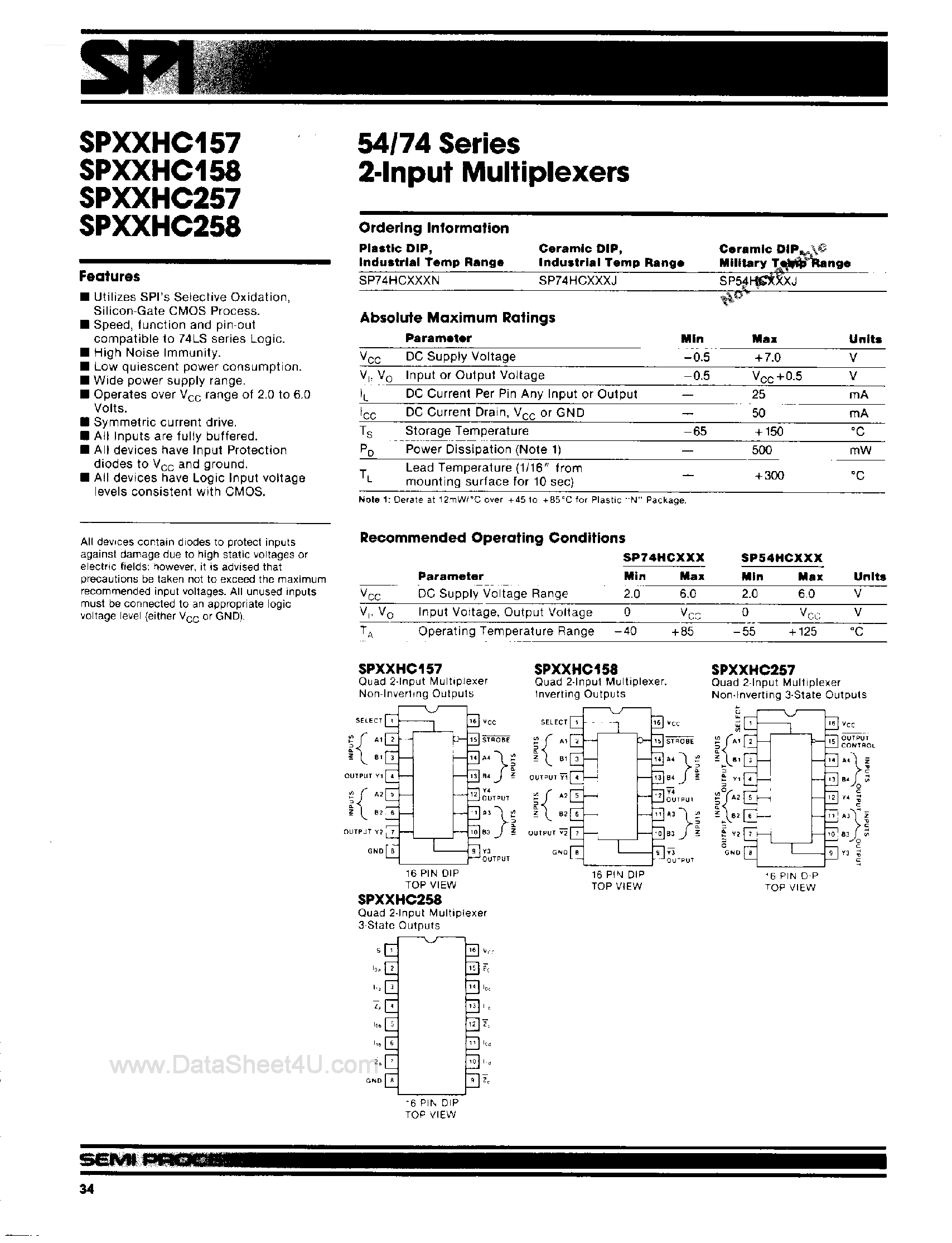 Datasheet SP74HC157 - (SP74HCxxx) 2-Input Multiplexers page 1