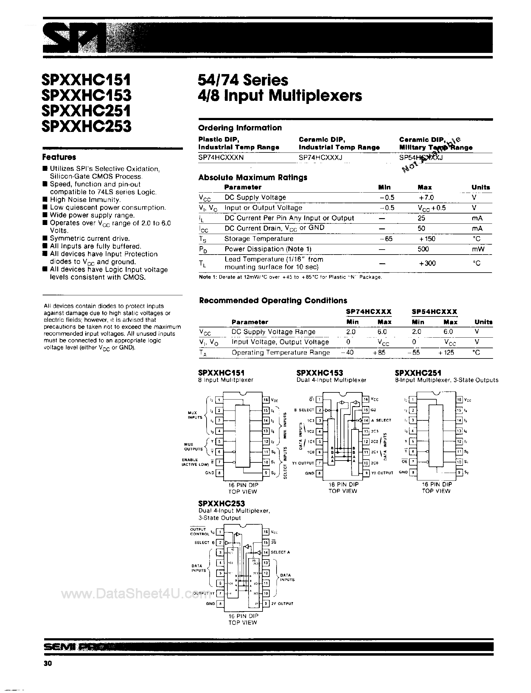 Datasheet SP74HC151 - (SP74HCxxx) 4/8-Input Multiplexers page 1