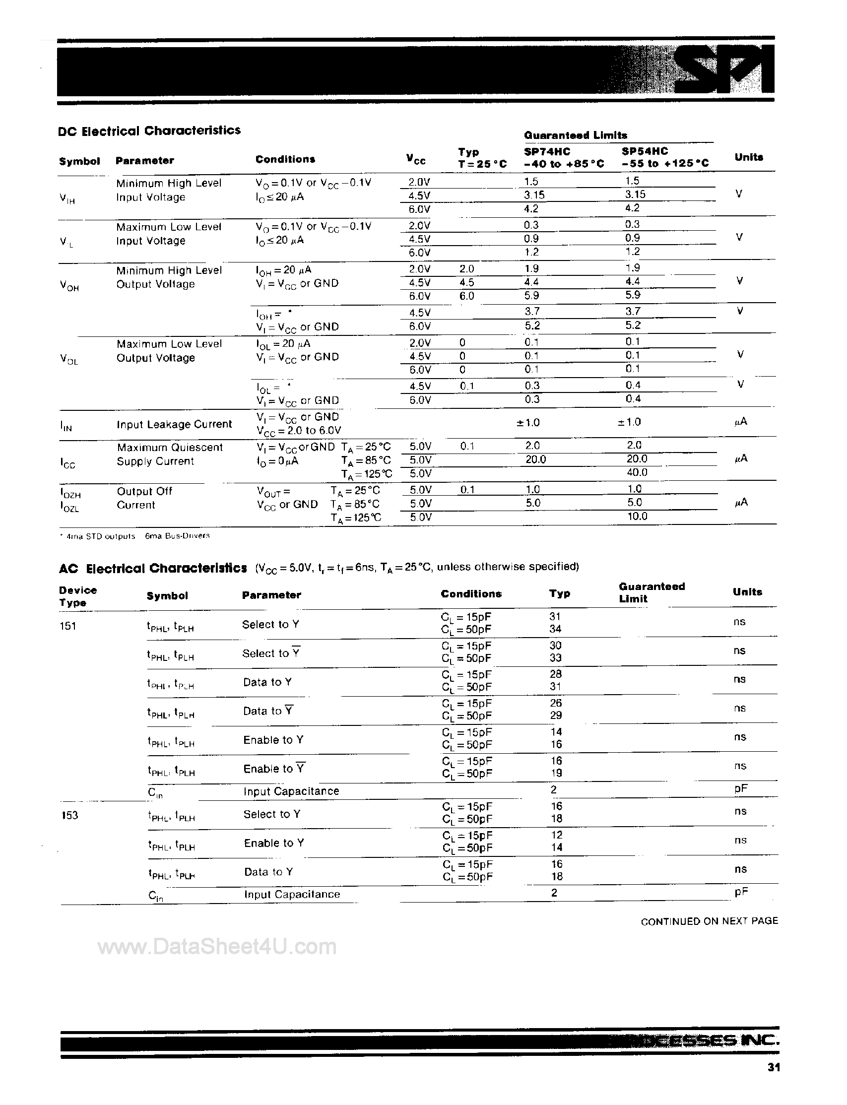 Datasheet SP74HC151 - (SP74HCxxx) 4/8-Input Multiplexers page 2