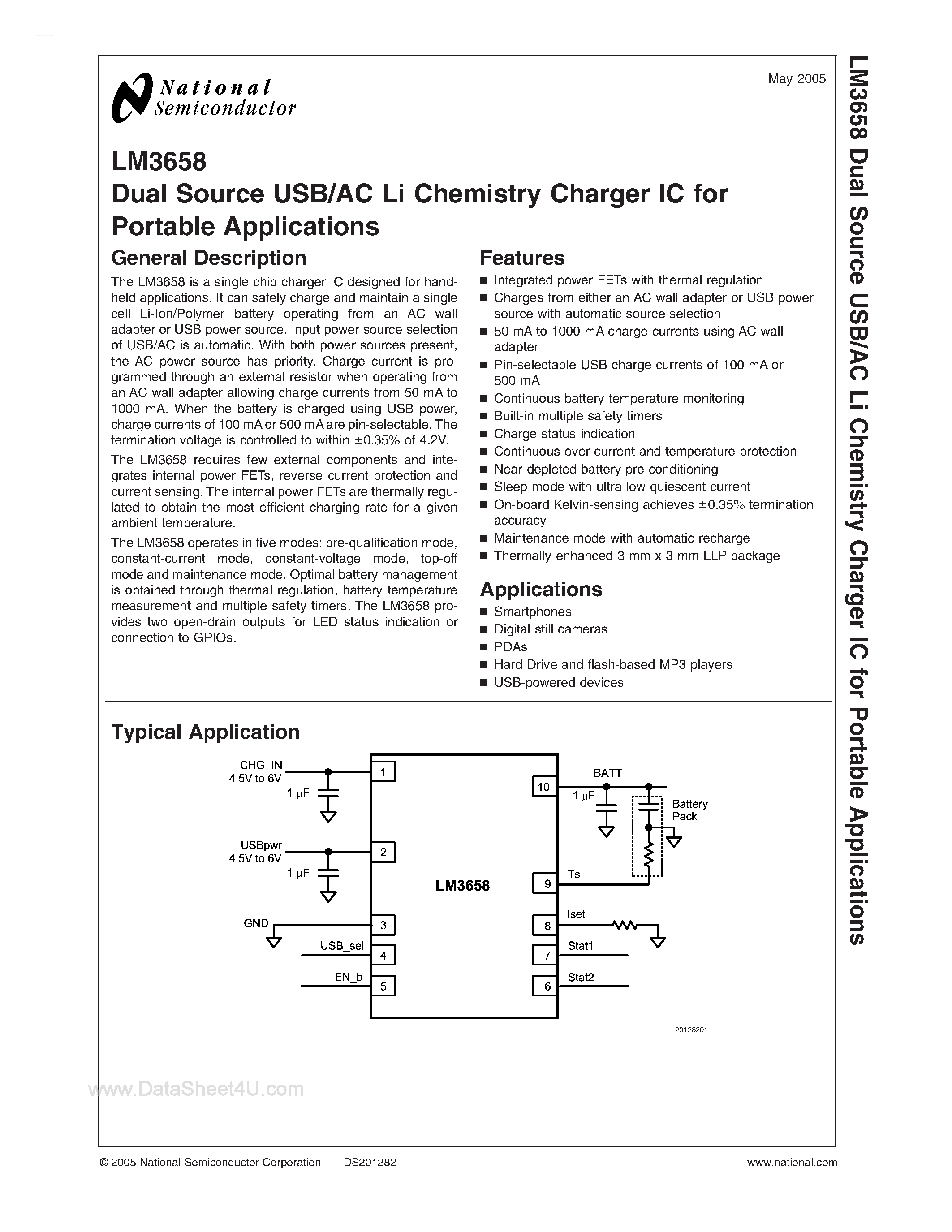 Datasheet LM3658 - Dual Source USB/AC Li Chemistry Charger IC for Portable Applications page 1
