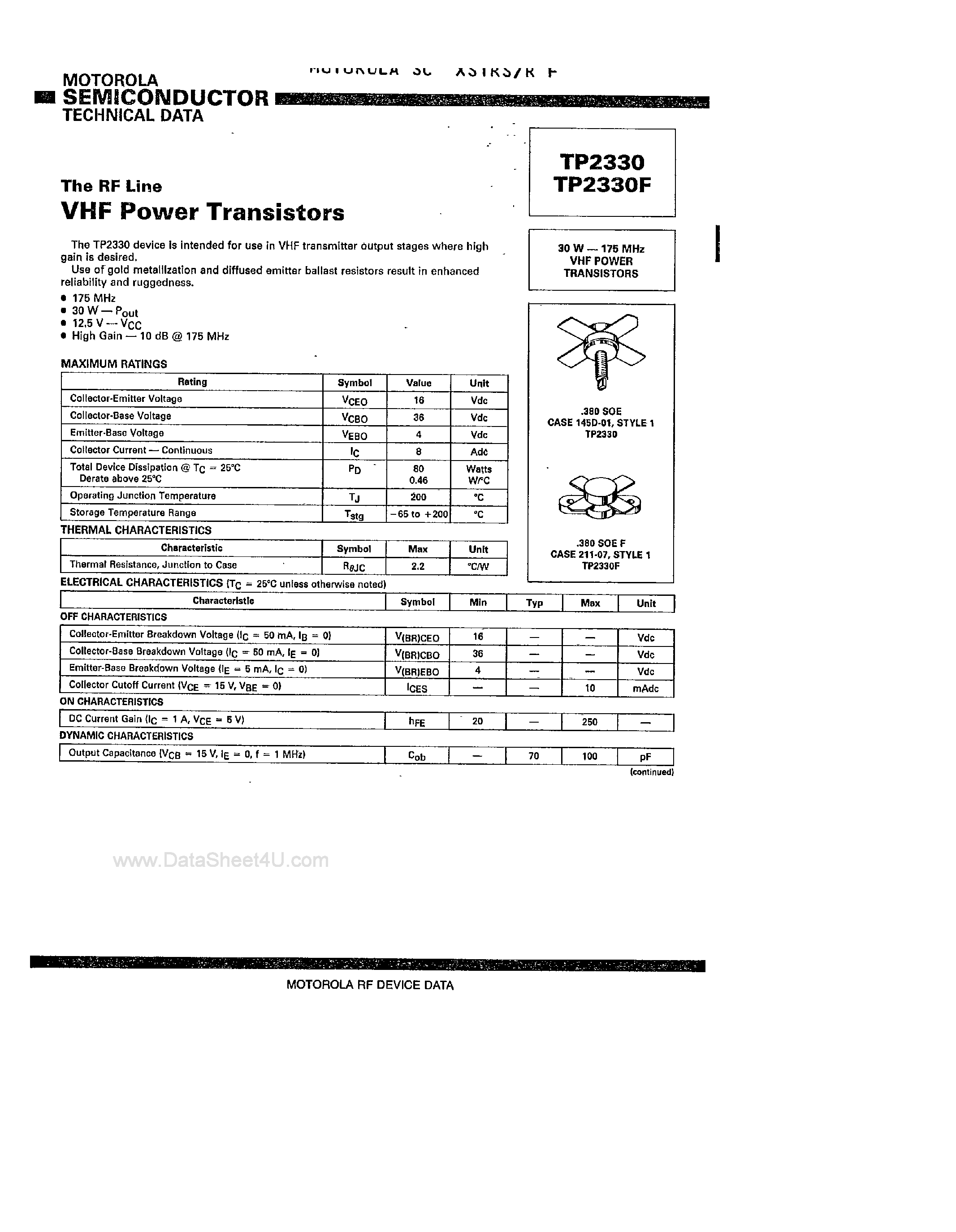 Datasheet TP2330 - VHF Power Transistors page 1