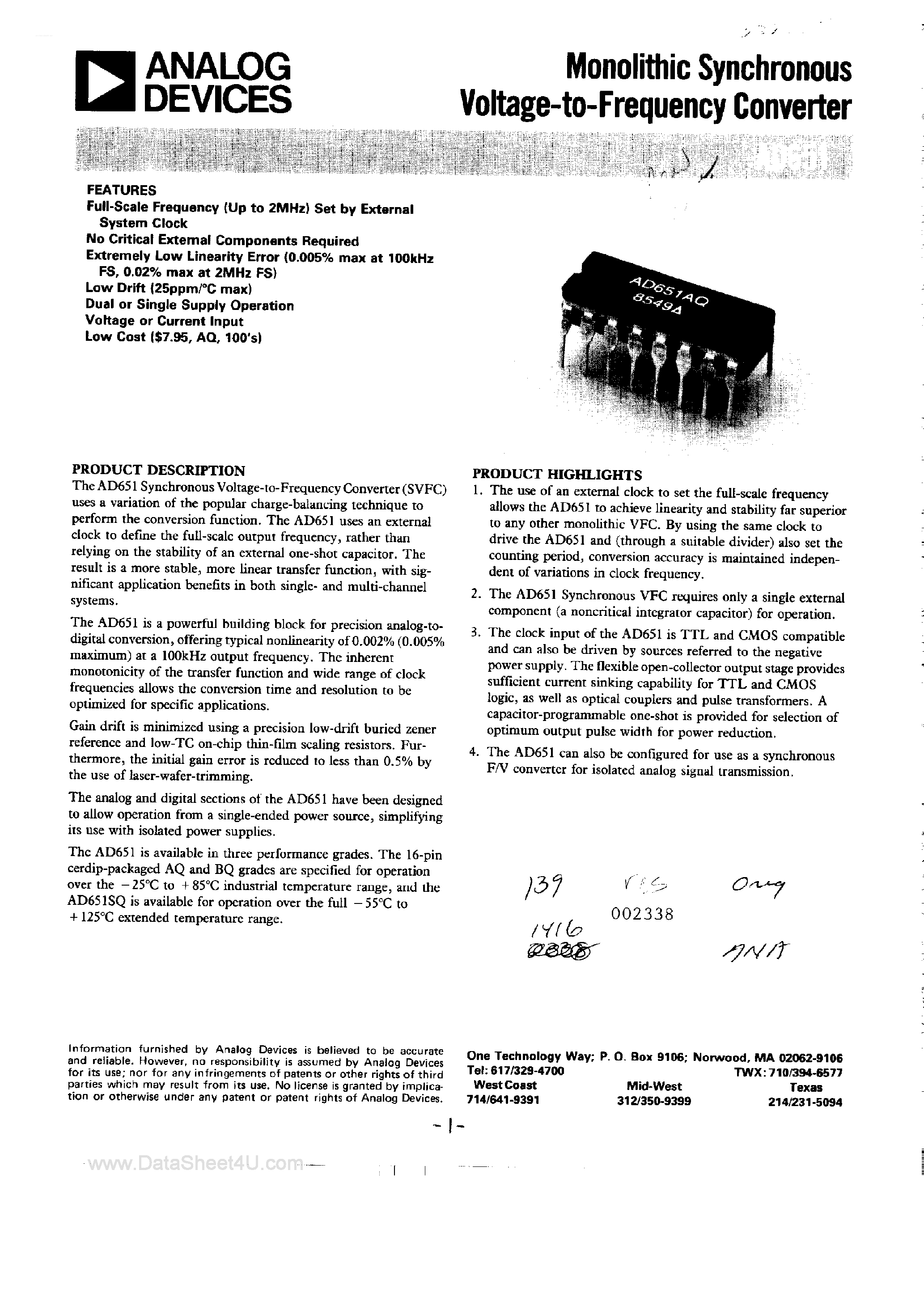 Даташит AD651 - Monolithic Synchronous Voltage to Frequency Converter страница 1