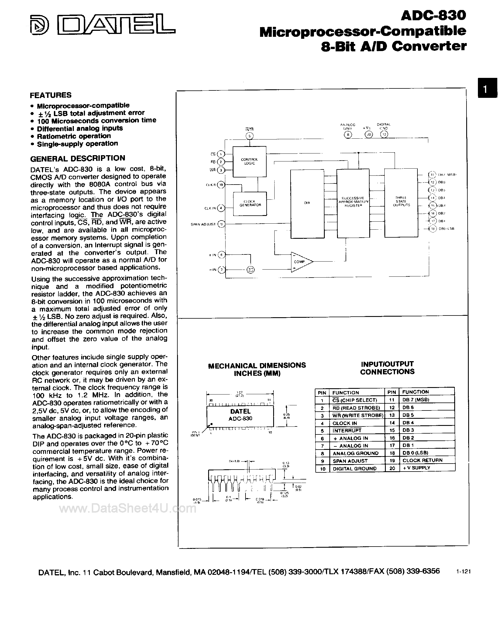 Даташит ADC-830 - Microprocessor Compatible 8-Bit A/D Converter страница 1