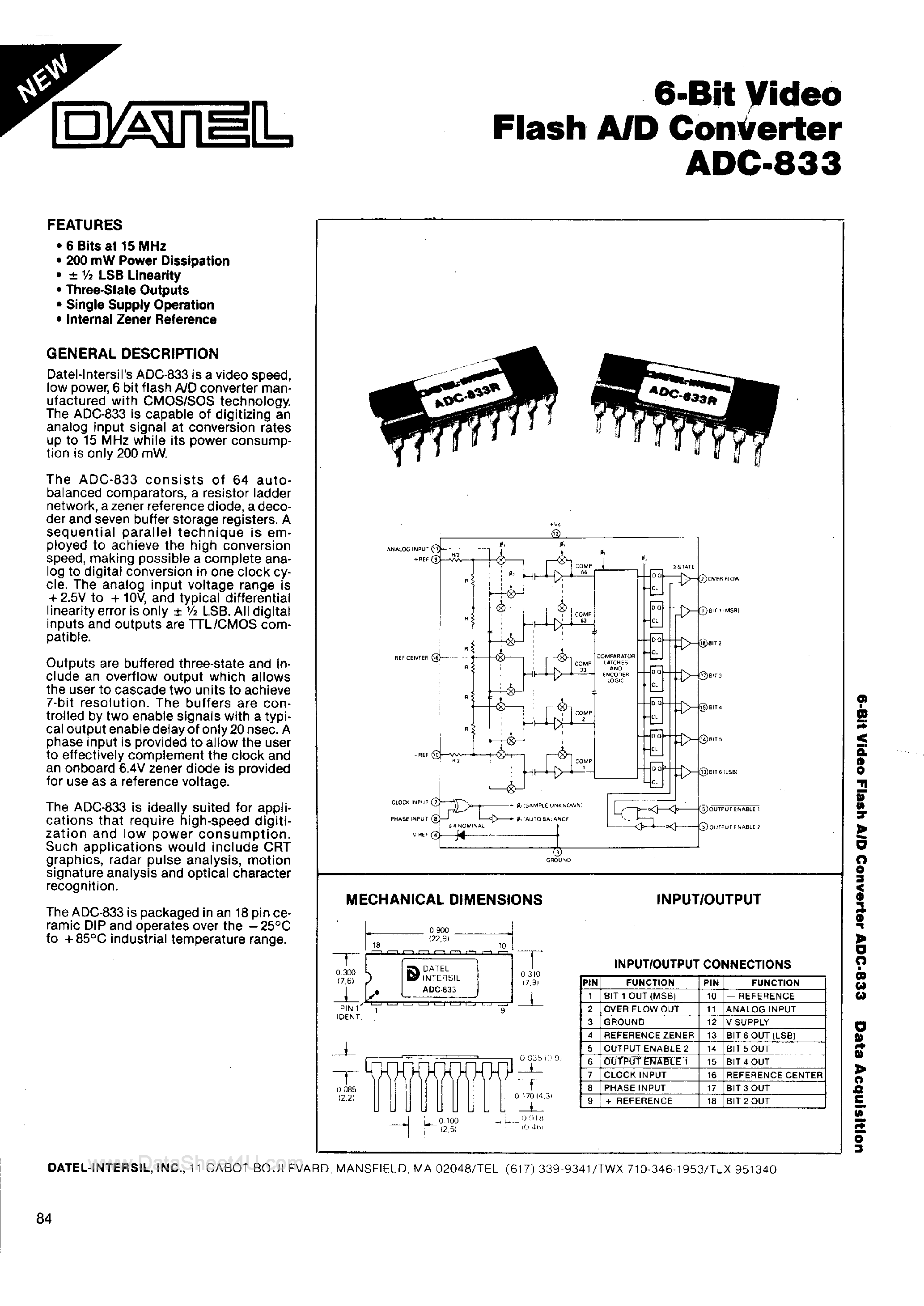 Даташит на микросхему ADC-833 страница 1 Даташит ADC-833 - 6-Bit Video Flash A/D Converter страница 1