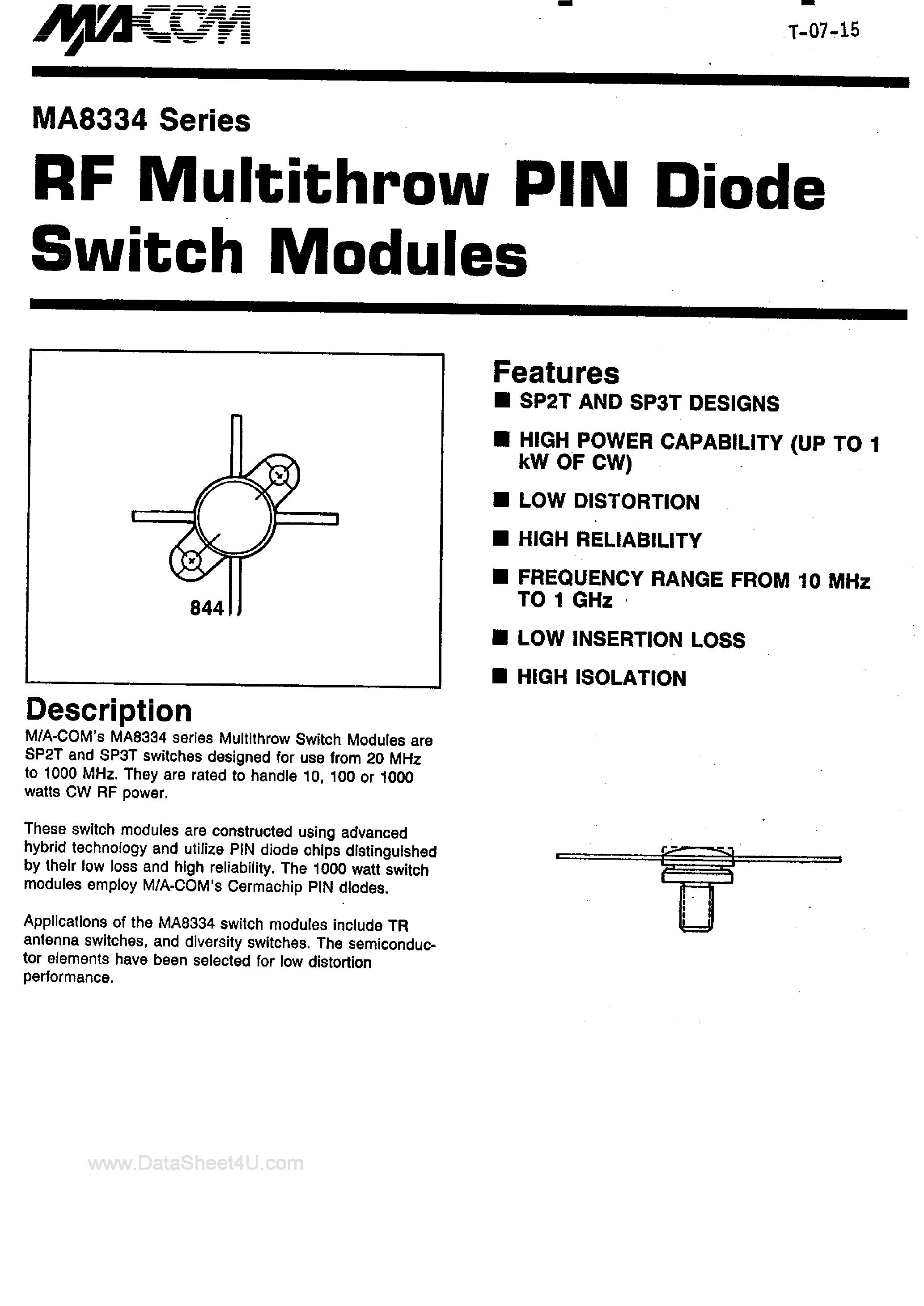 Datasheet MA8334 - RF Multithrow PIN Dioce Switch Modules page 1