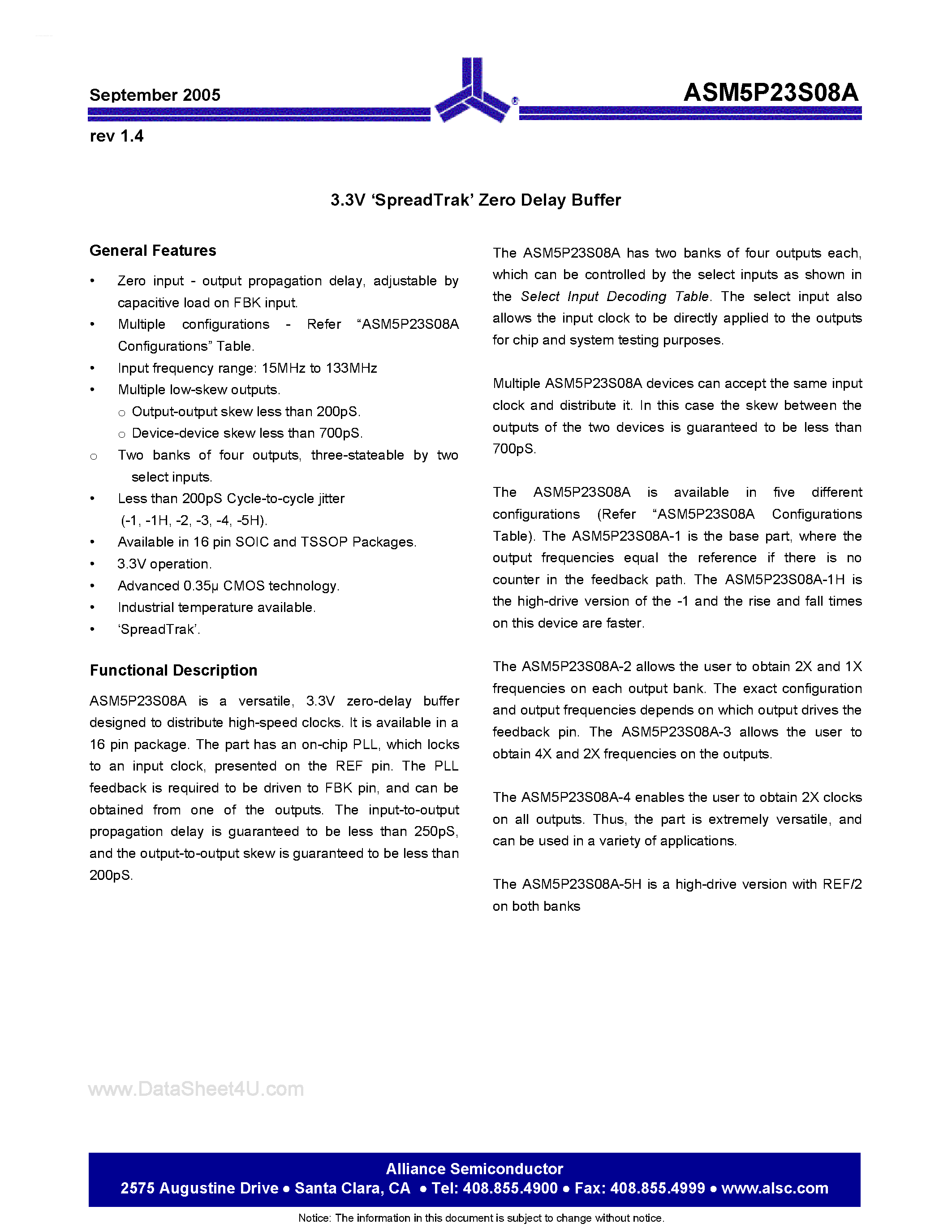Datasheet ASM5I23S08A page 1 Datasheet ASM5I23S08A - 3.3V Zero Delay Buffer page 1