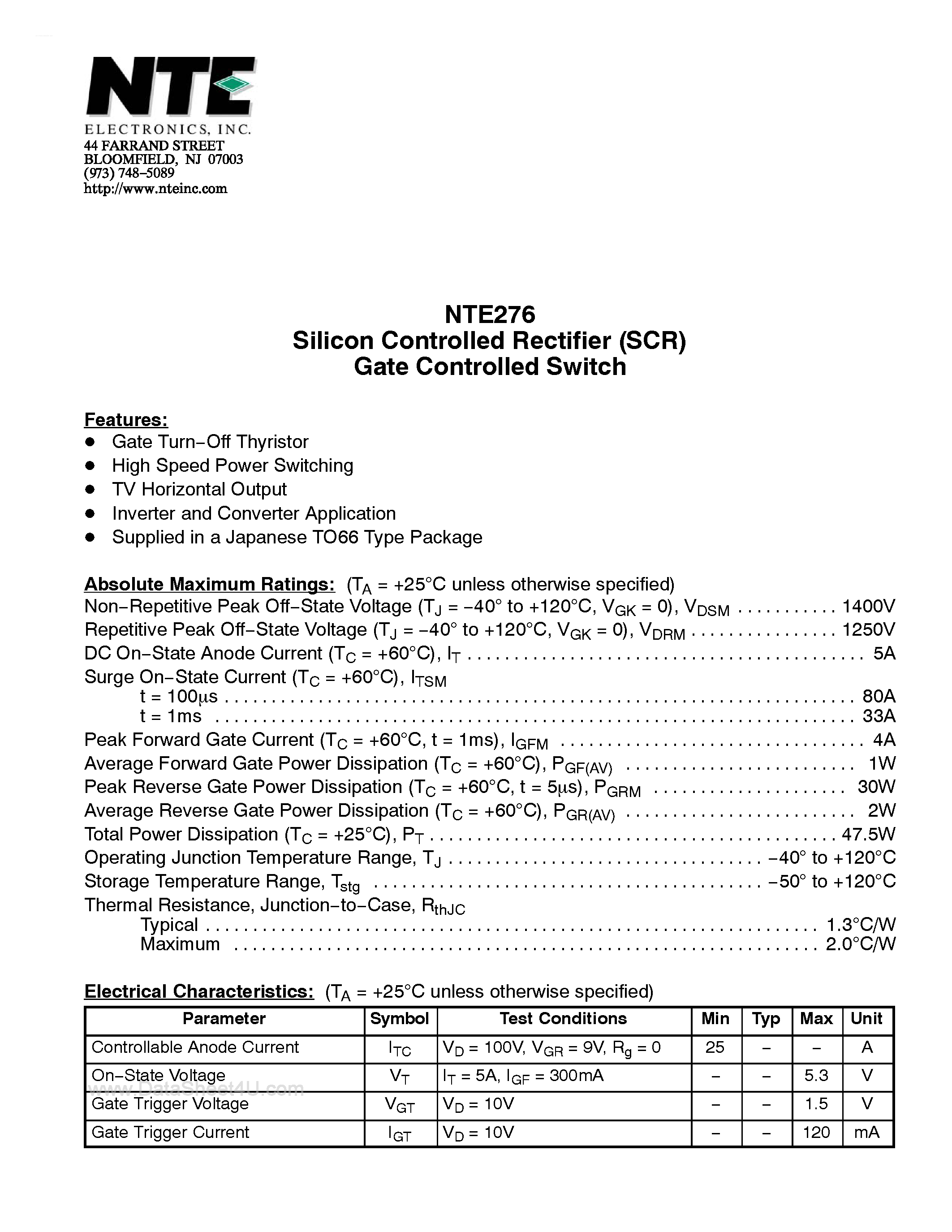 Даташит NTE276 - Silicon Controlled Rectifier страница 1