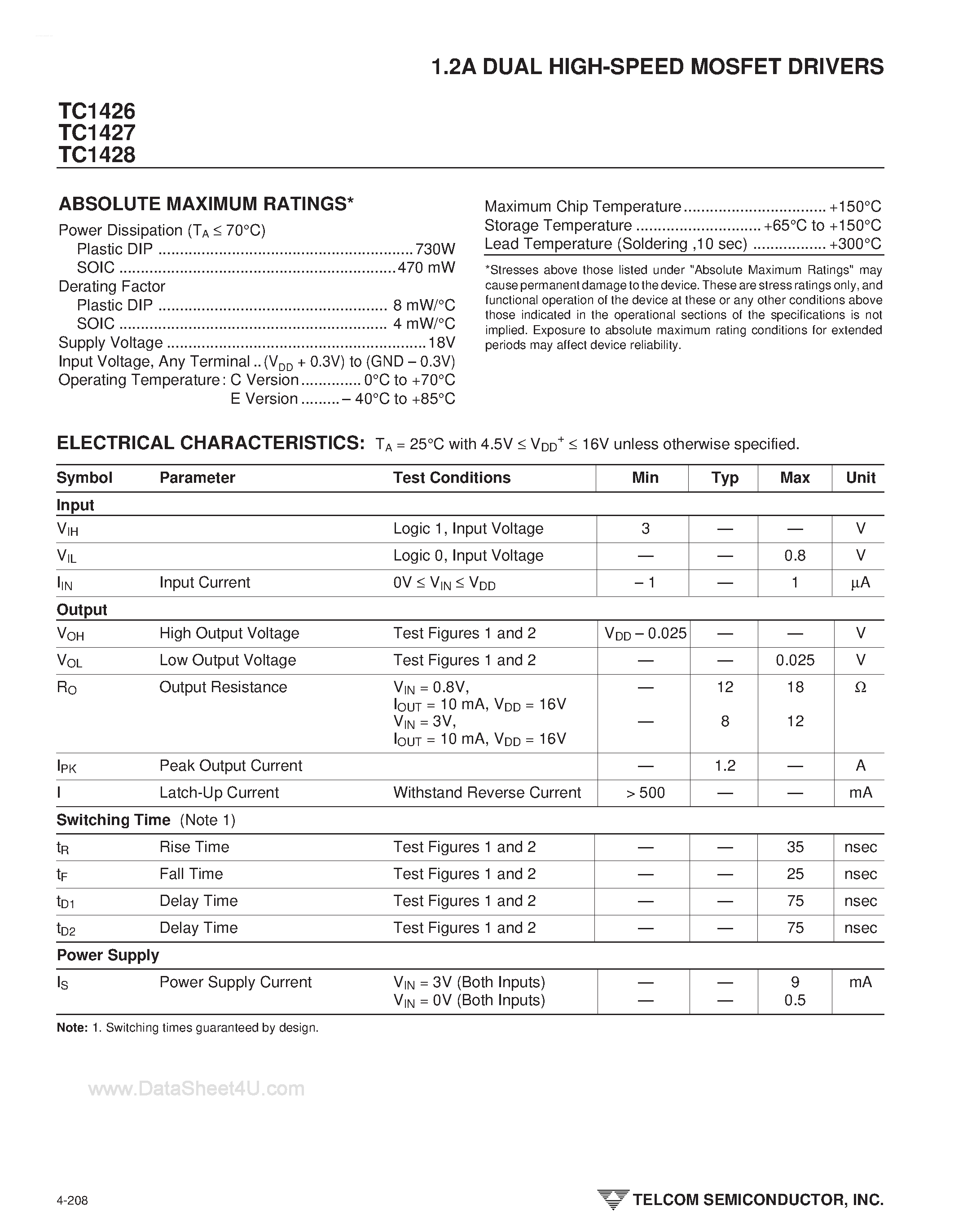Datasheet TC1426 page 2 Datasheet TC1426 - (TC1426 - TC1428) 1.2A DUAL HIGH-SPEED MOSFET DRIVERS page 2