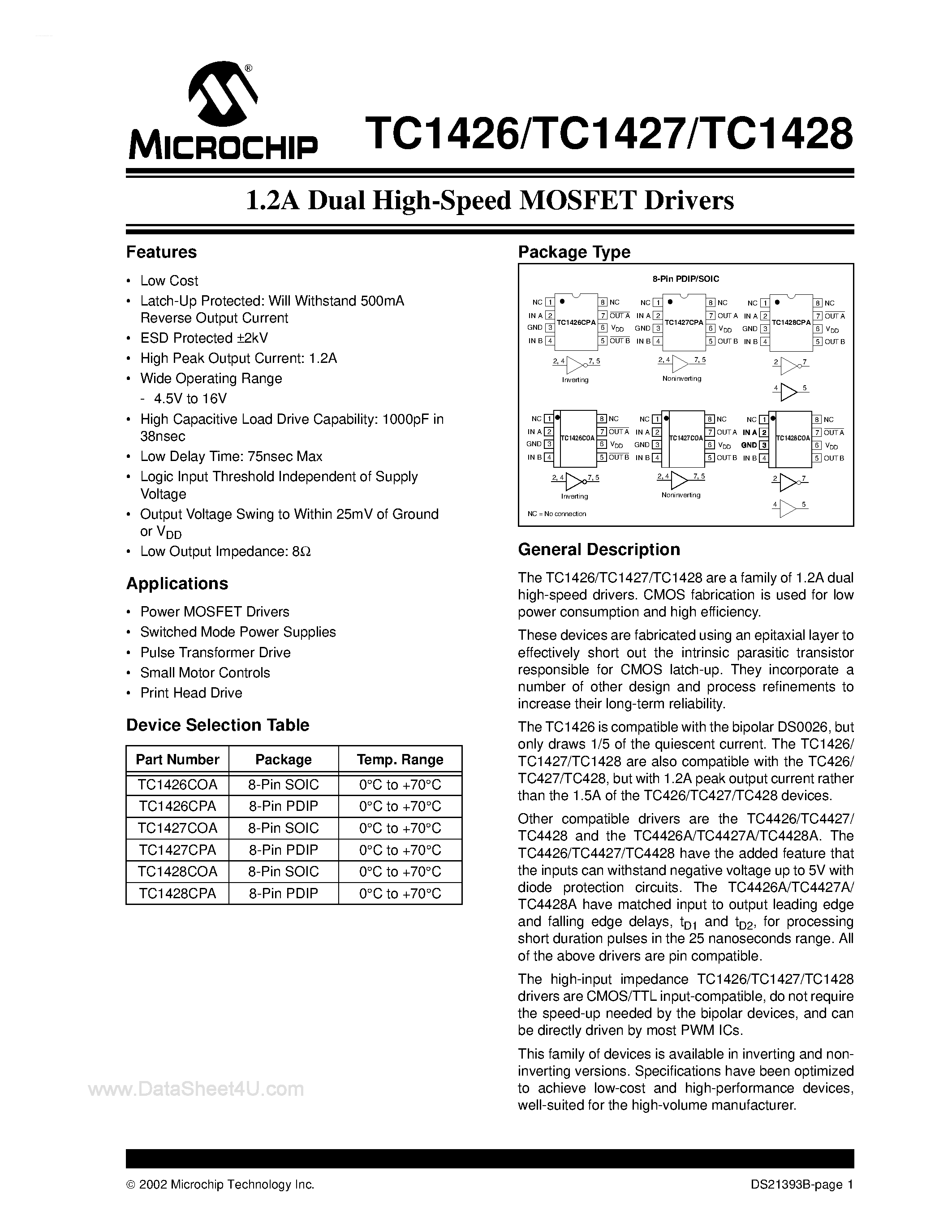 Datasheet TC1426 page 1 Datasheet TC1426 - (TC1426 - TC1428) 1.2A Dual High-Speed MOSFET Drivers page 1