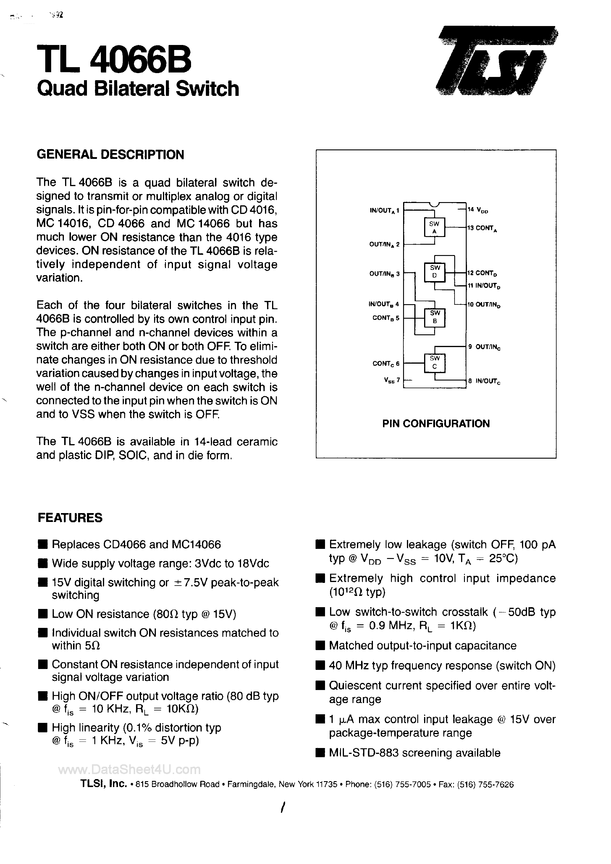 Datasheet TL4066B page 1 Datasheet TL4066B - Quad Bilateral Switch page 1