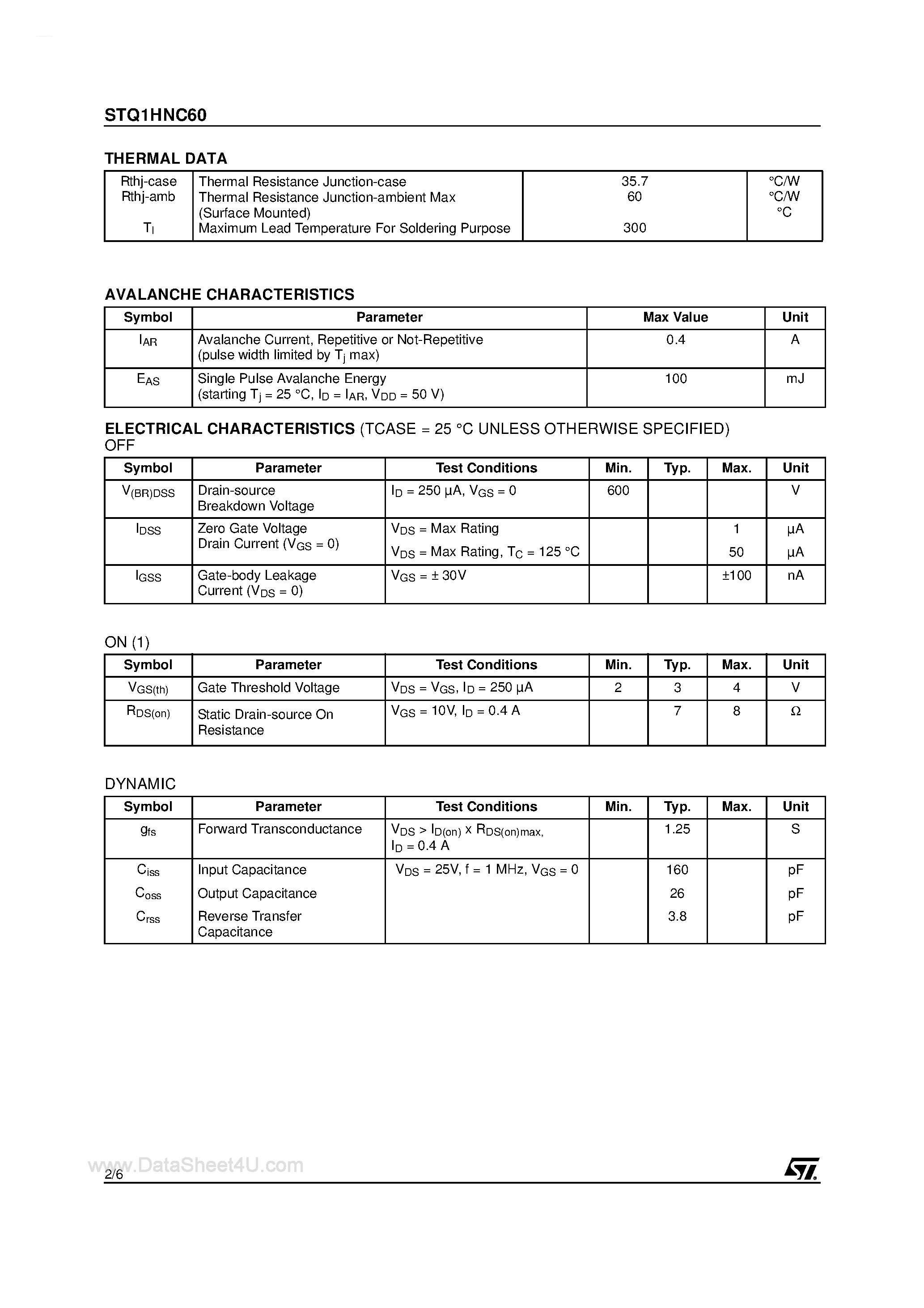 Datasheet STQ1HNC60 page 2 Datasheet STQ1HNC60 - N-CHANNEL MOSFET page 2
