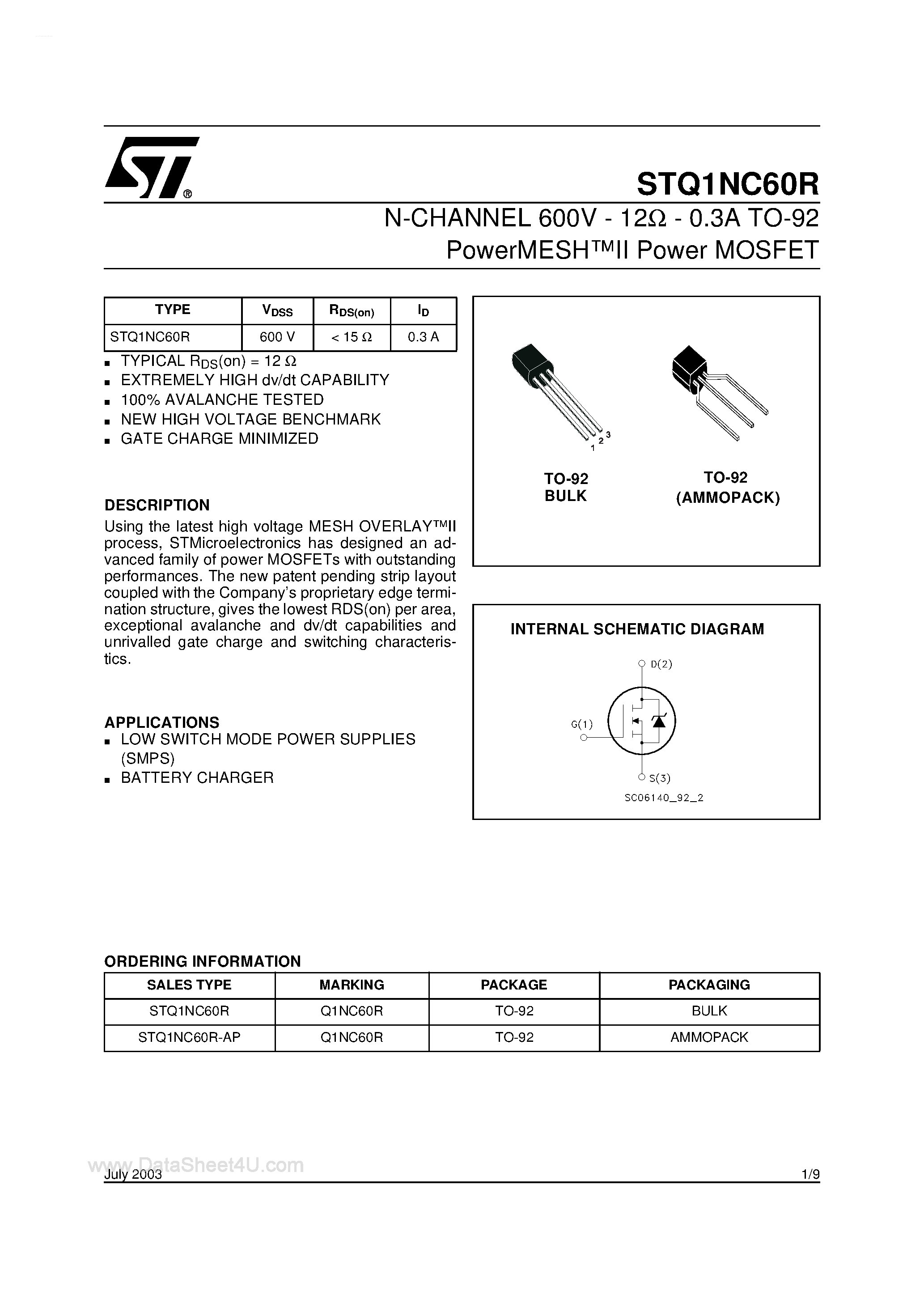 Datasheet STQ1NC60R page 1 Datasheet STQ1NC60R - N-CHANNEL MOSFET page 1