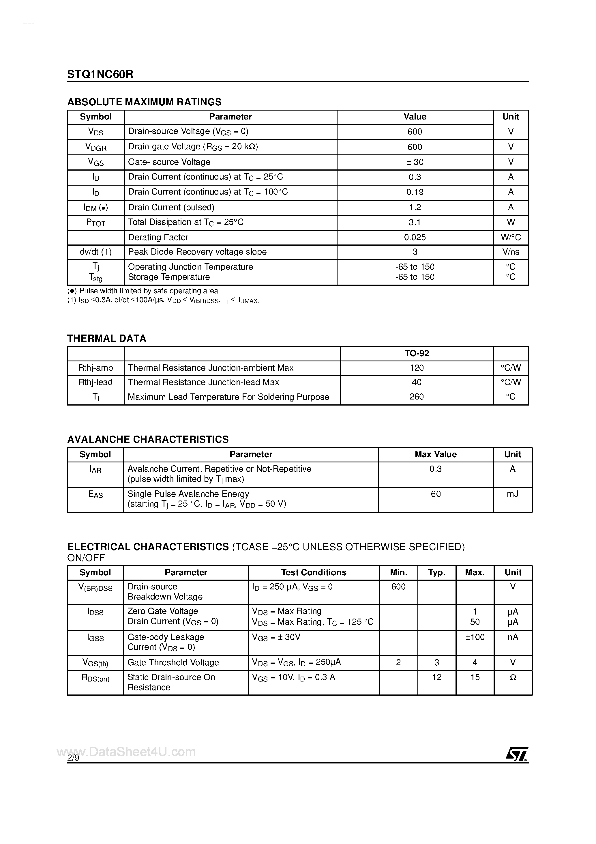 Datasheet STQ1NC60R page 2 Datasheet STQ1NC60R - N-CHANNEL MOSFET page 2