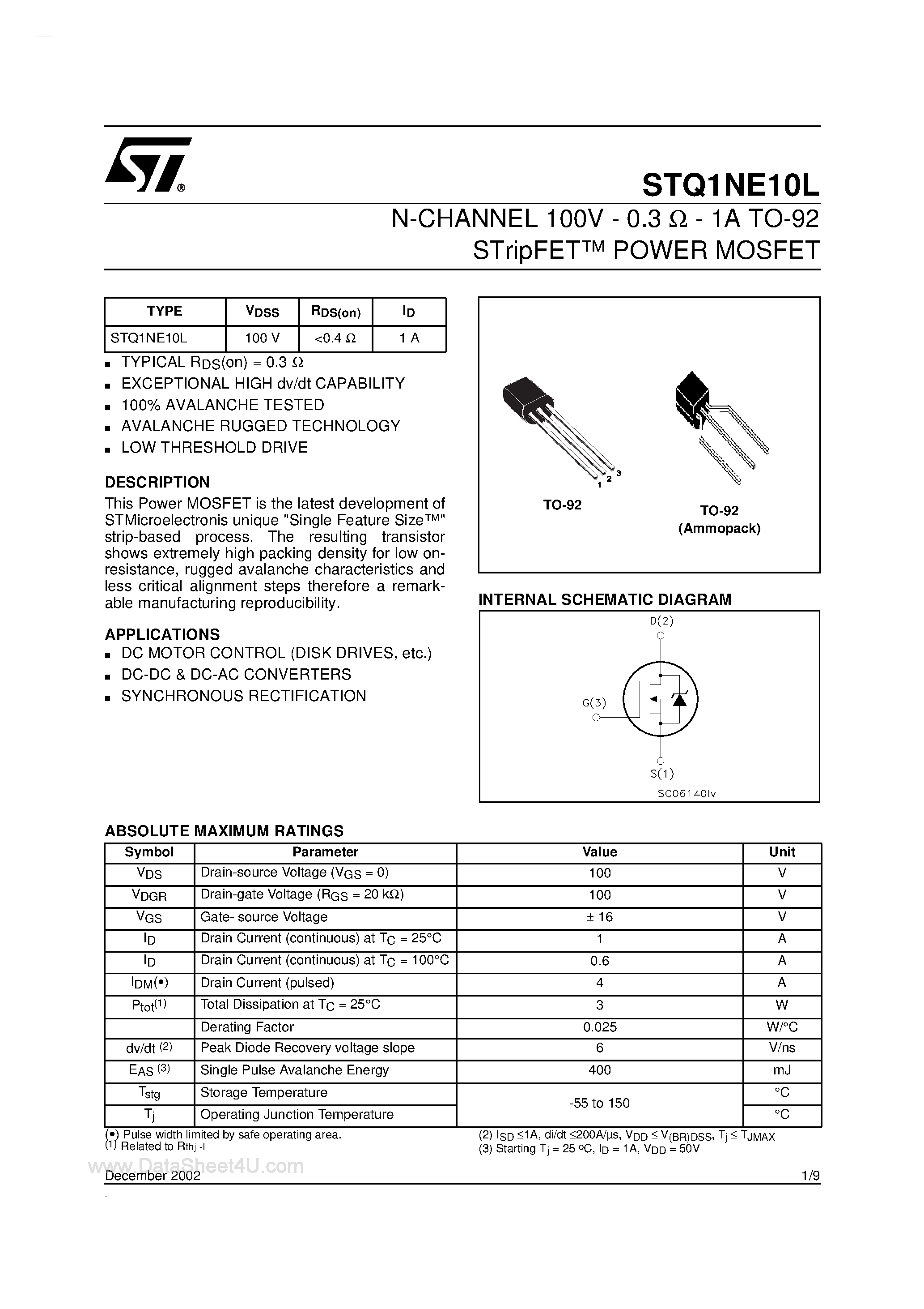 Datasheet STQ1NE10L page 1 Datasheet STQ1NE10L - N-CHANNEL MOSFET page 1