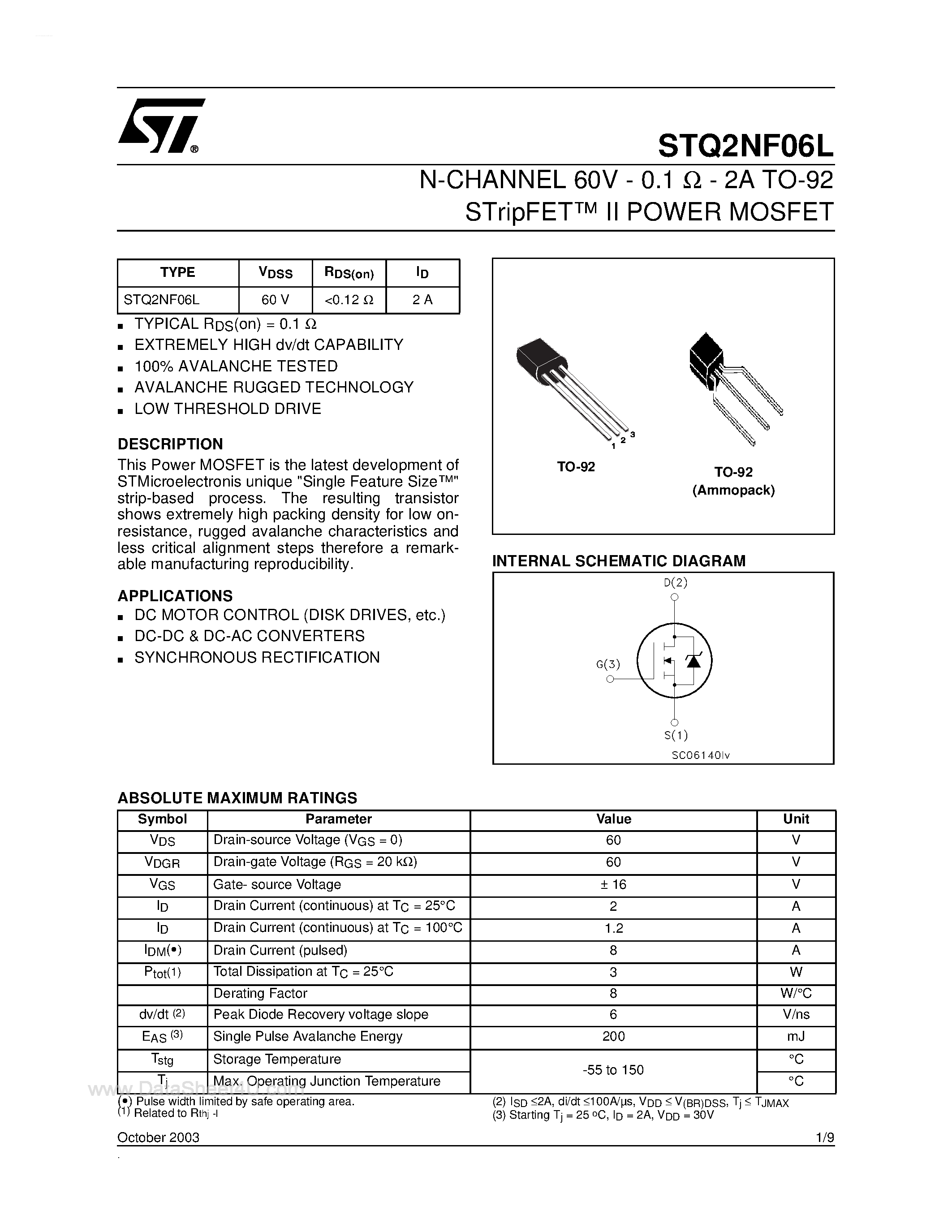 Datasheet STQ2NF06L page 1 Datasheet STQ2NF06L - N-CHANNEL MOSFET page 1
