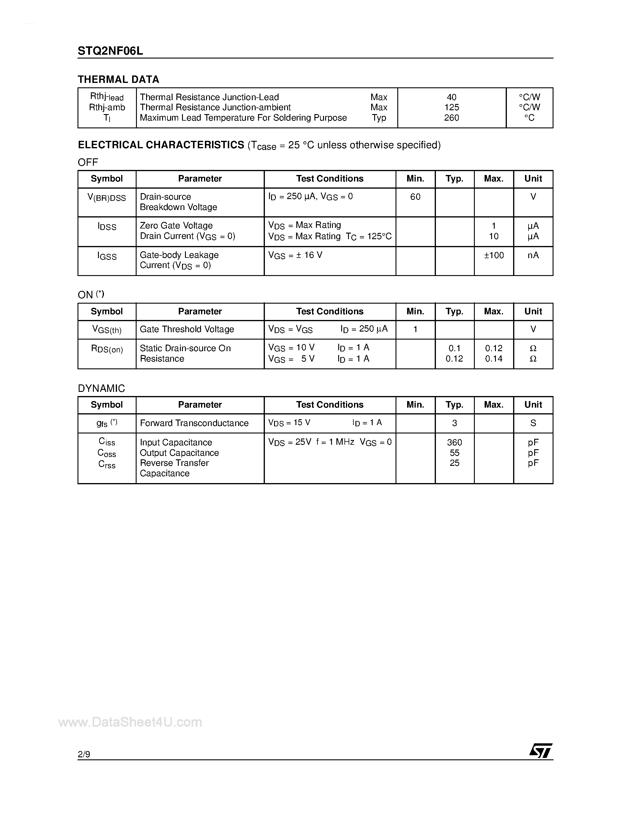 Datasheet STQ2NF06L page 2 Datasheet STQ2NF06L - N-CHANNEL MOSFET page 2
