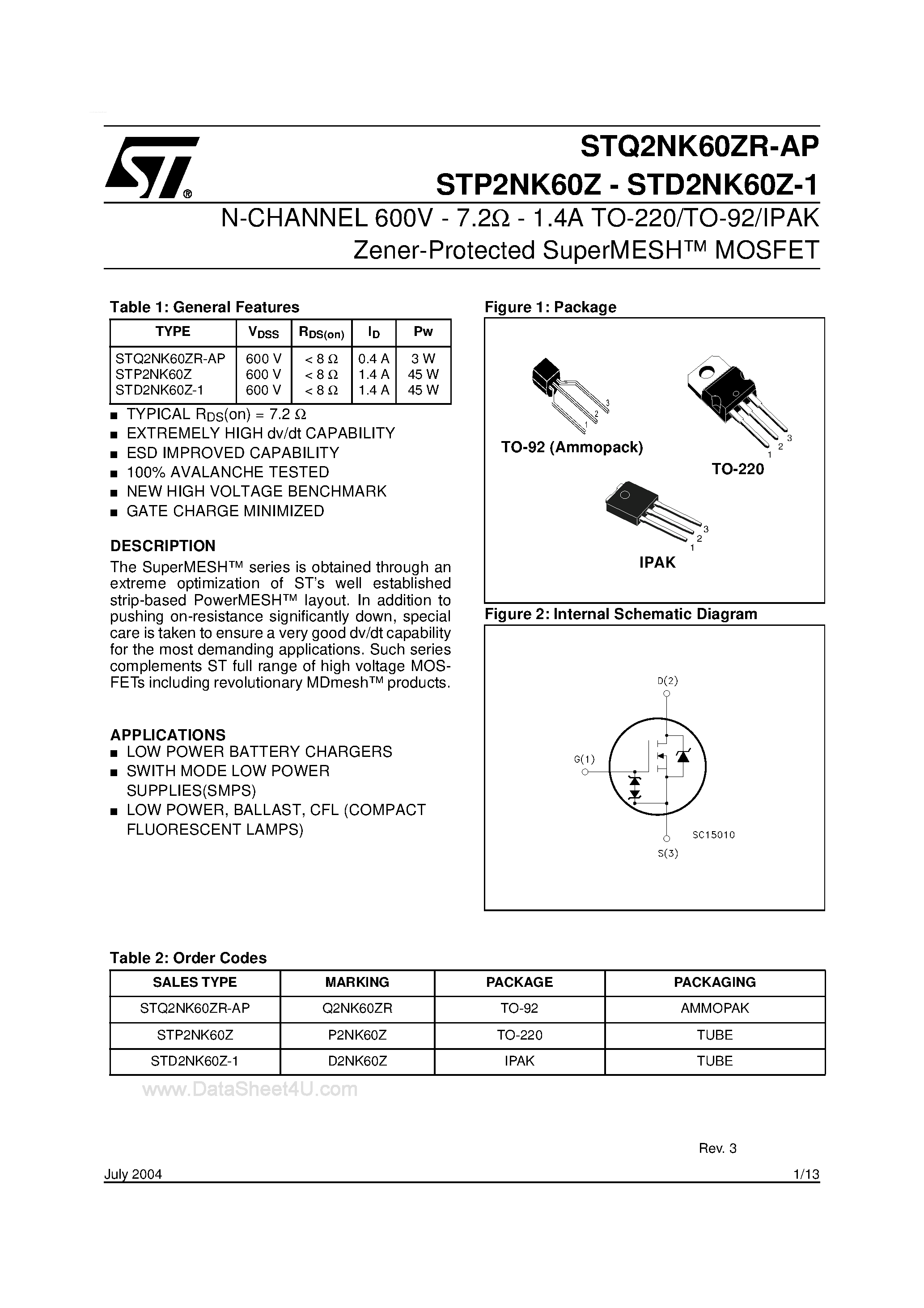 Datasheet STQ2NK60ZR-AP page 1 Datasheet STQ2NK60ZR-AP - Zener-Protected SuperMESH MOSFET page 1